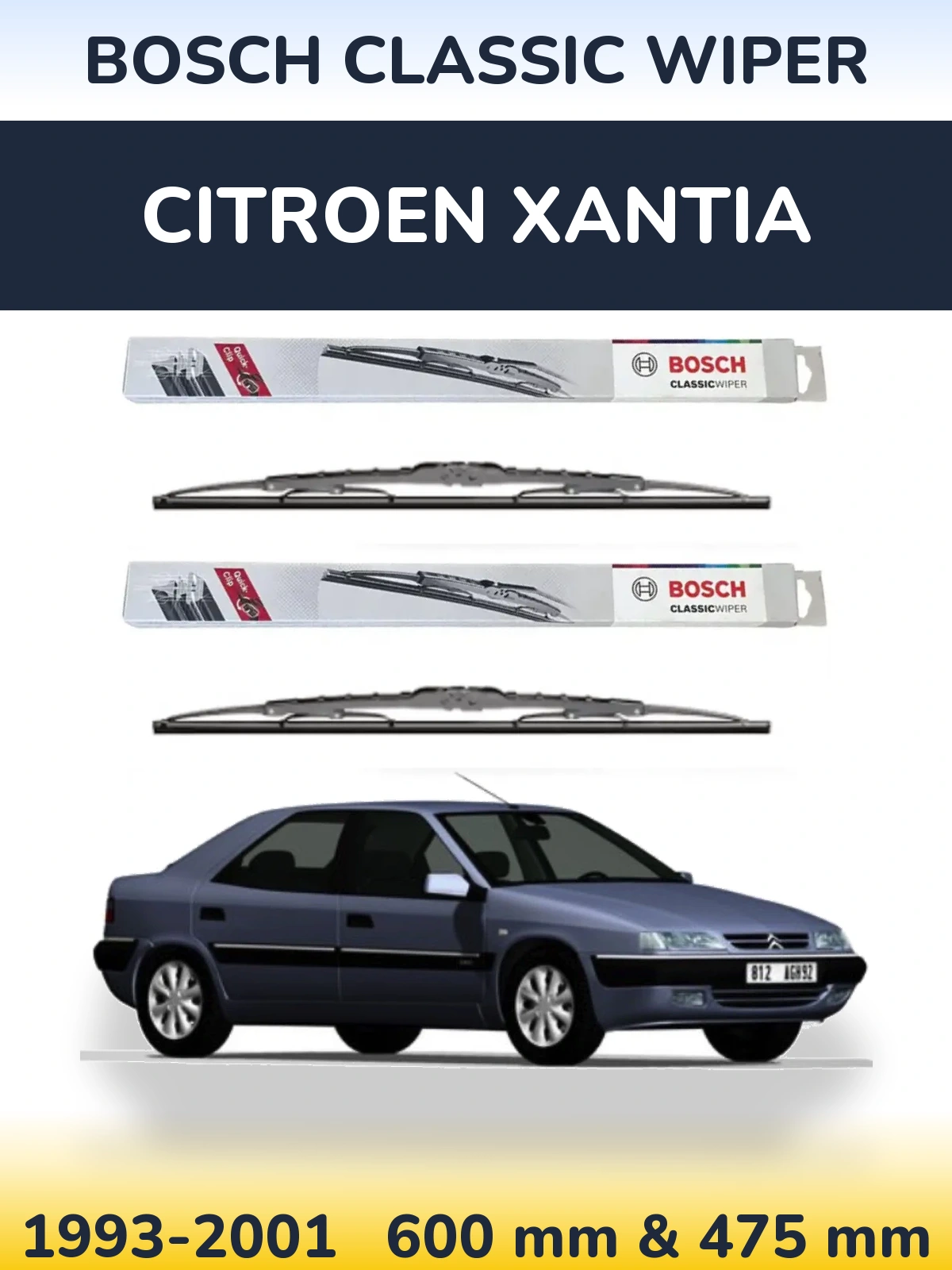 Комплект передних дворников BOSCH Classic Wiper 600 & 475 мм для Citroen Xantia 1993-2001