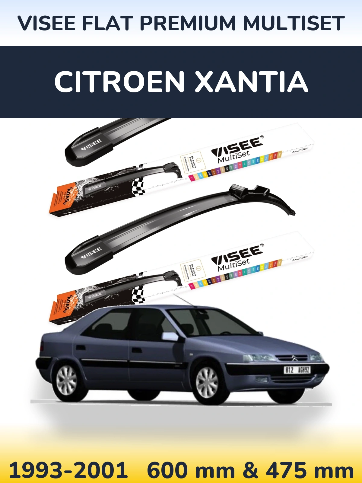 Комплект передних дворников VISEE FLAT PREMIUM MultiSet 600 & 475 мм для Citroen Xantia 1993-2001