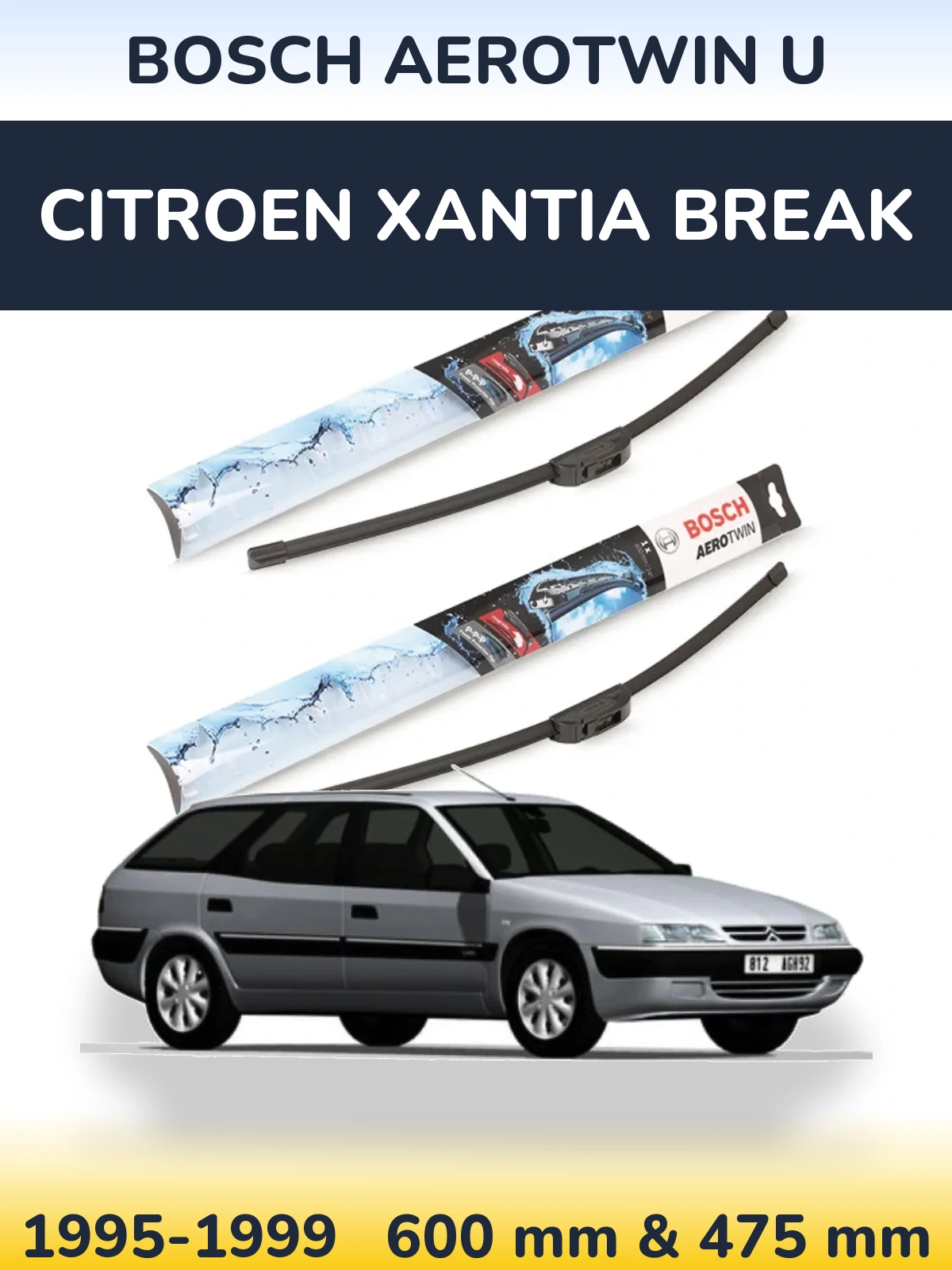 Комплект передних дворников BOSCH AeroTwin U 600 & 475 мм для Citroen Xantia Break 1995-1999