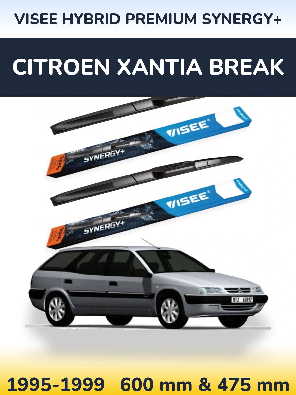 Front wiper blade set VISEE HYBRID PREMIUM SYNERGY+ 600 & 475 mm for Citroen Xantia Break 1995-1999