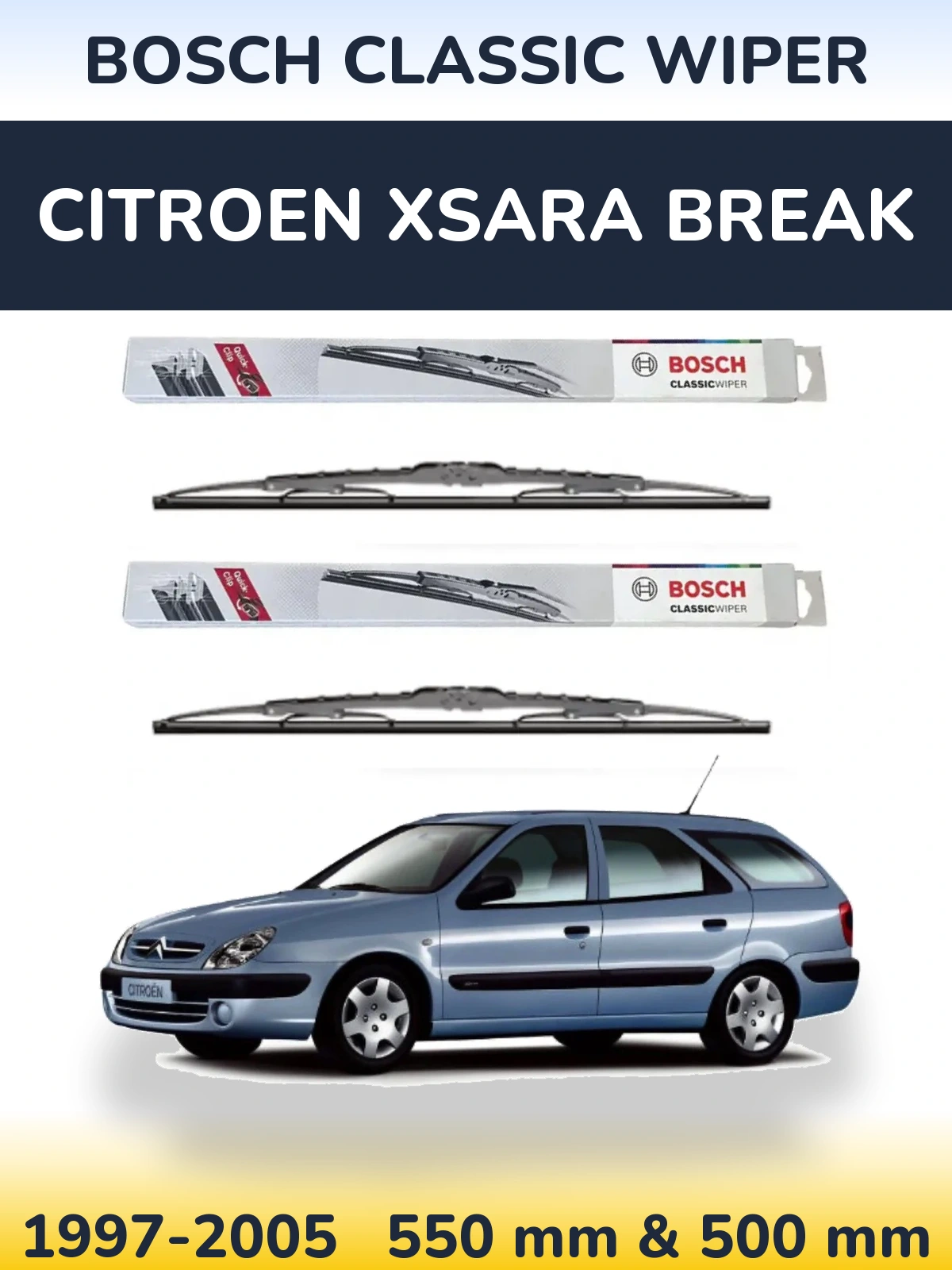Komplet przednich wycieraczek BOSCH Classic Wiper 550 & 500 mm do Citroen Xsara Break 1997-2005