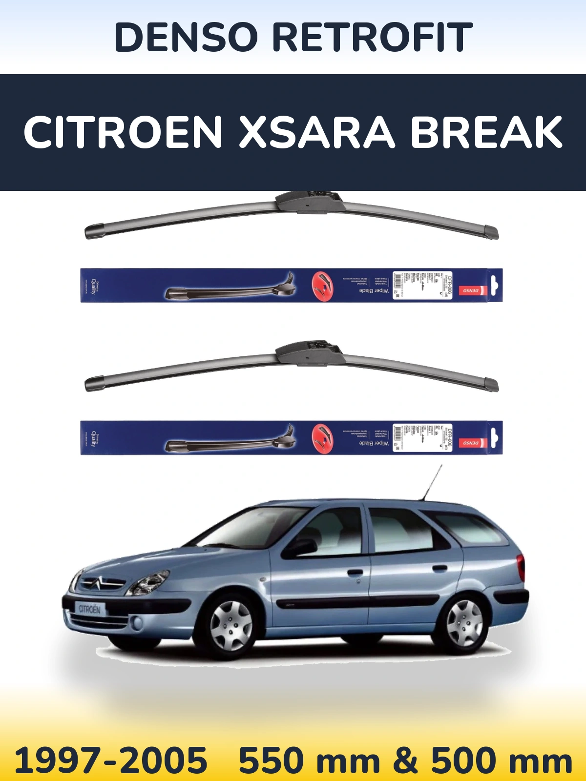 Komplet przednich wycieraczek Denso Retrofit 550 & 500 mm do Citroen Xsara Break 1997-2005