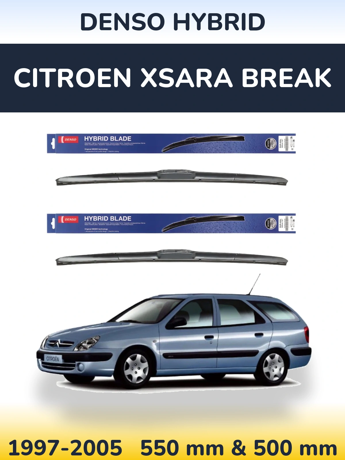 Komplet przednich wycieraczek Denso Hybrid 550 & 500 mm do Citroen Xsara Break 1997-2005