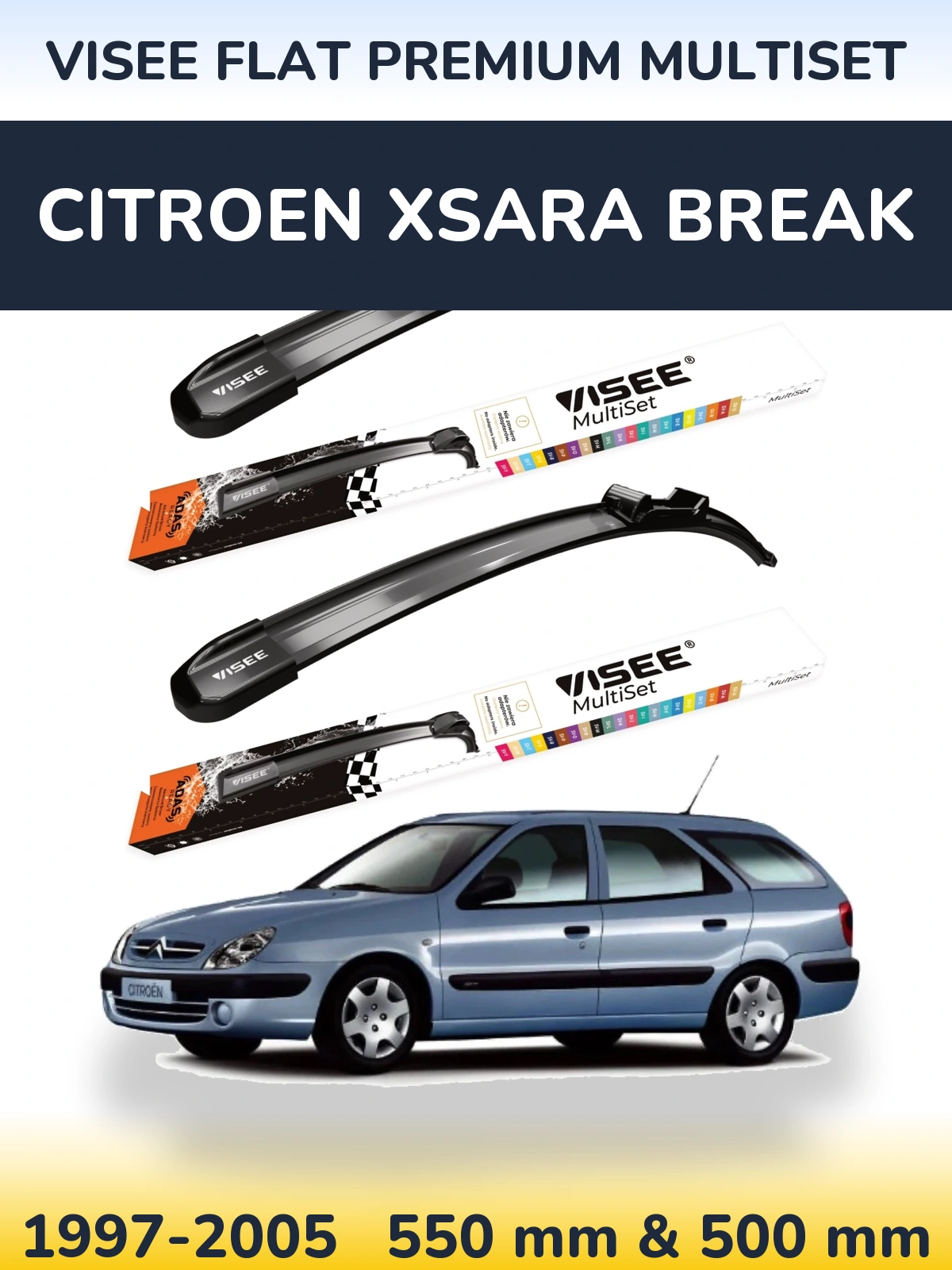 Комплект передних дворников VISEE FLAT PREMIUM MultiSet 550 & 500 мм для Citroen Xsara Break 1997-2005