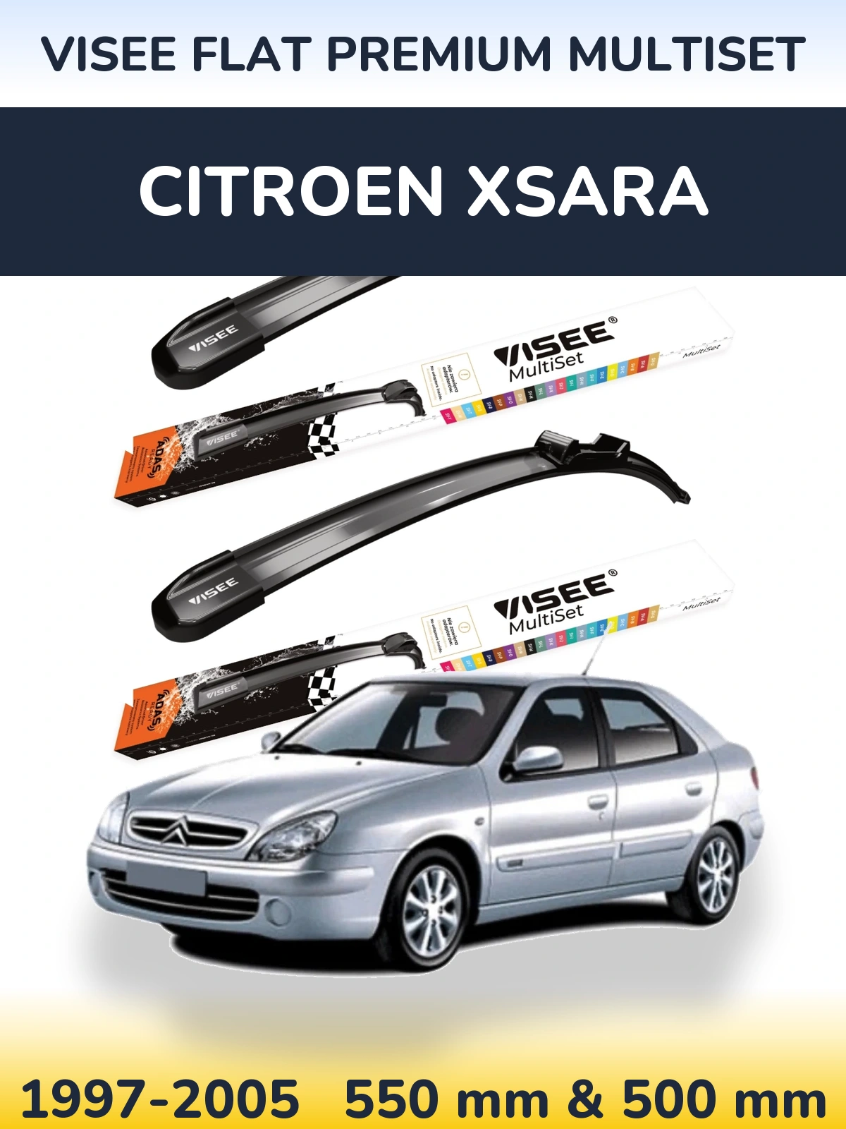 Комплект передніх щіток VISEE FLAT PREMIUM MultiSet 550 & 500 мм для Citroen Xsara 1997-2005