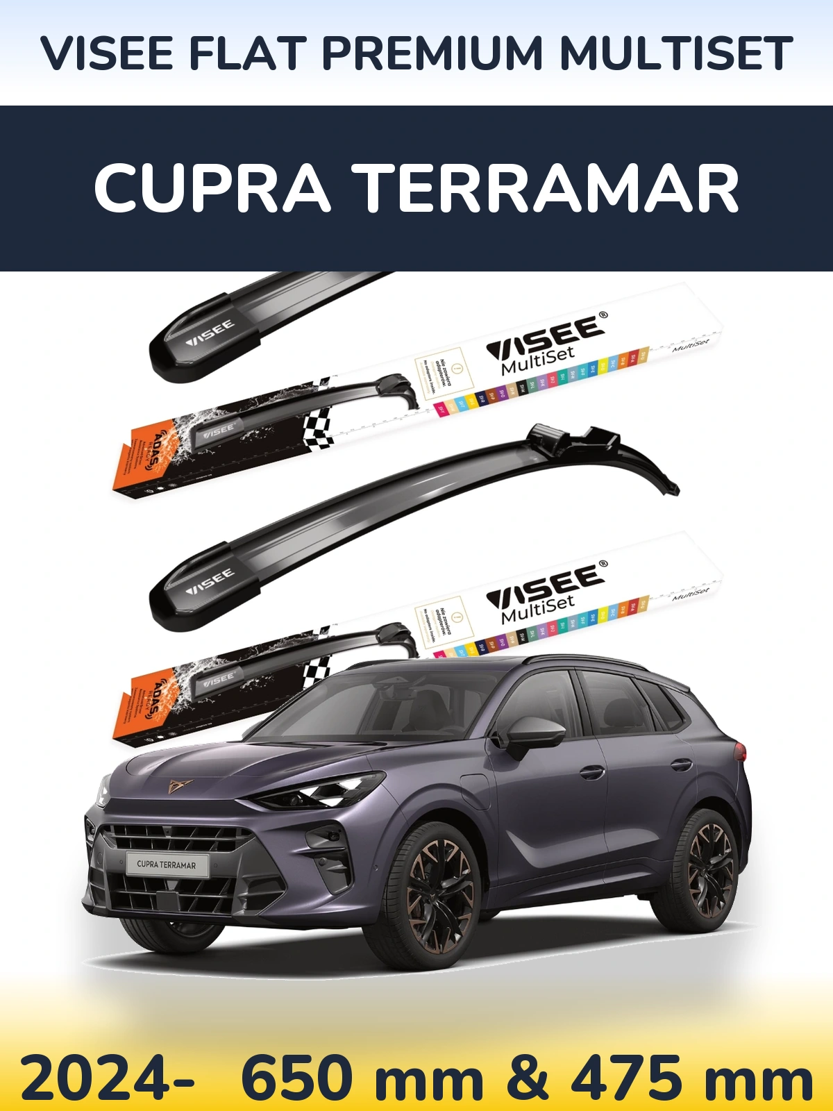 Комплект передних дворников VISEE FLAT PREMIUM MultiSet 650 & 475 мм для Cupra Terramar 2024-2026