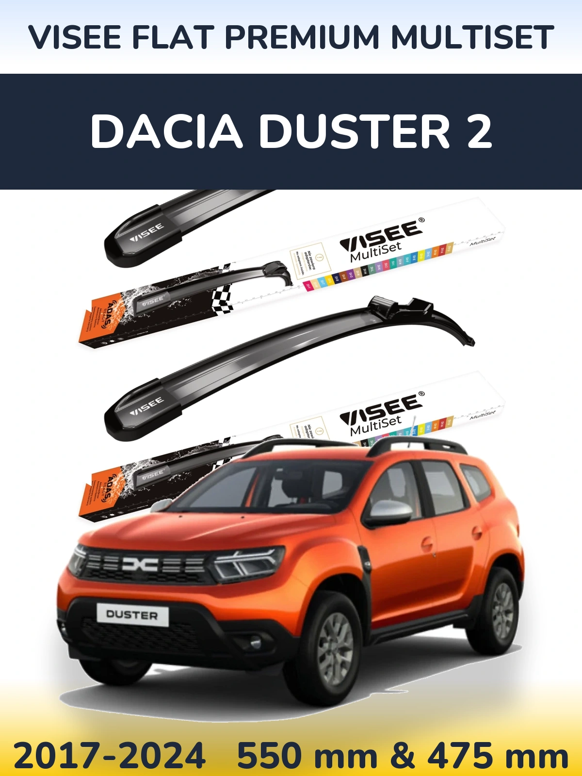 Комплект передних дворников VISEE FLAT PREMIUM MultiSet 550 & 475 мм для Dacia Duster 2 2017-2024