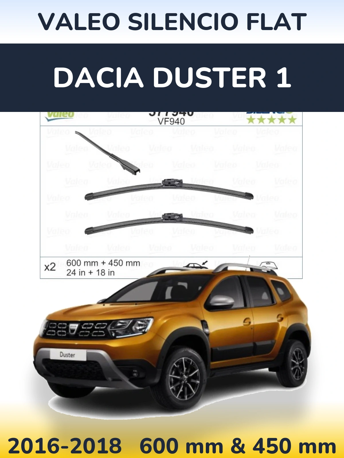 Komplet przednich wycieraczek Valeo Silencio Flat 600 & 450 mm do Dacia Duster 1 2016-2018