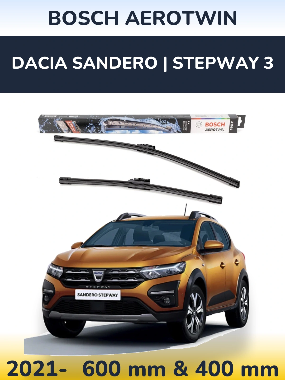 Komplet przednich wycieraczek BOSCH AeroTwin 600 & 400 mm do Dacia Sandero | Stepway 3 2021-2026