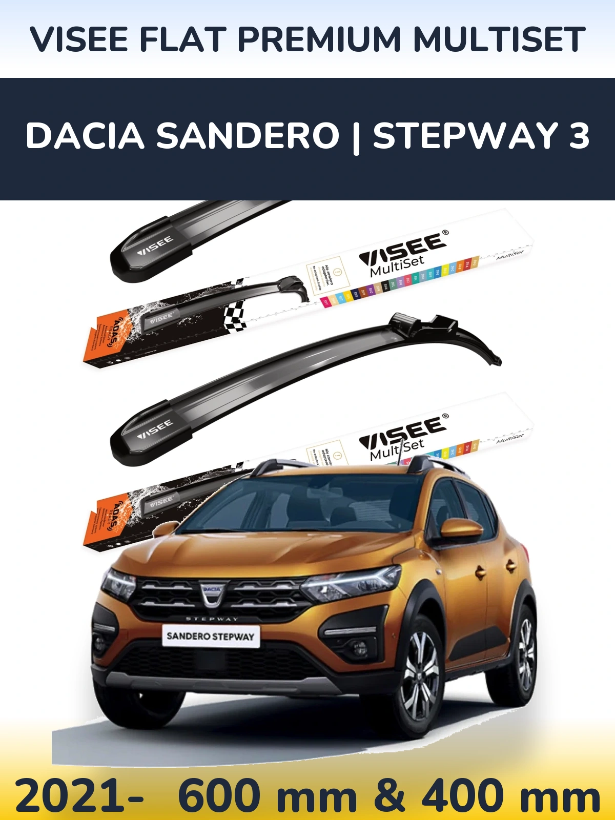 Komplet przednich wycieraczek VISEE FLAT PREMIUM MultiSet 600 & 400 mm do Dacia Sandero | Stepway 3 2021-2026