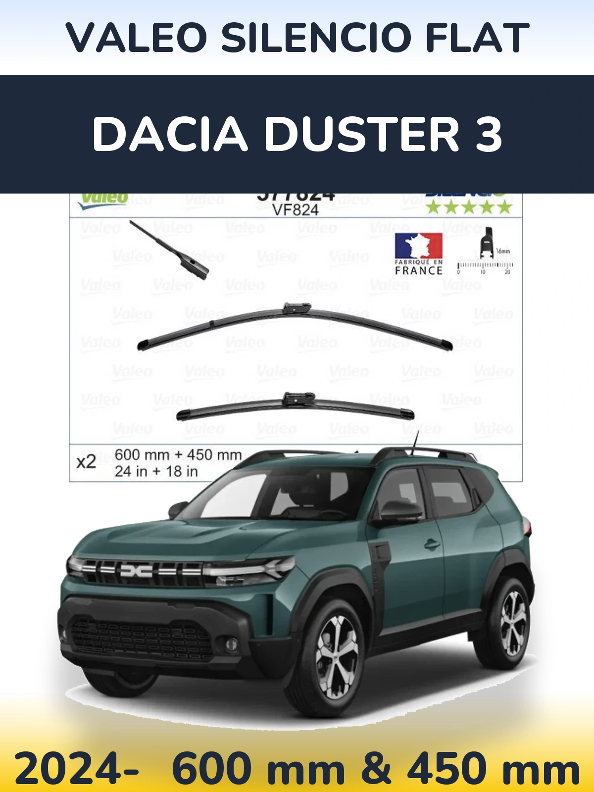 Front wiper blade set Valeo Silencio Flat 600 & 450 mm for Dacia Duster 3 2024-2026