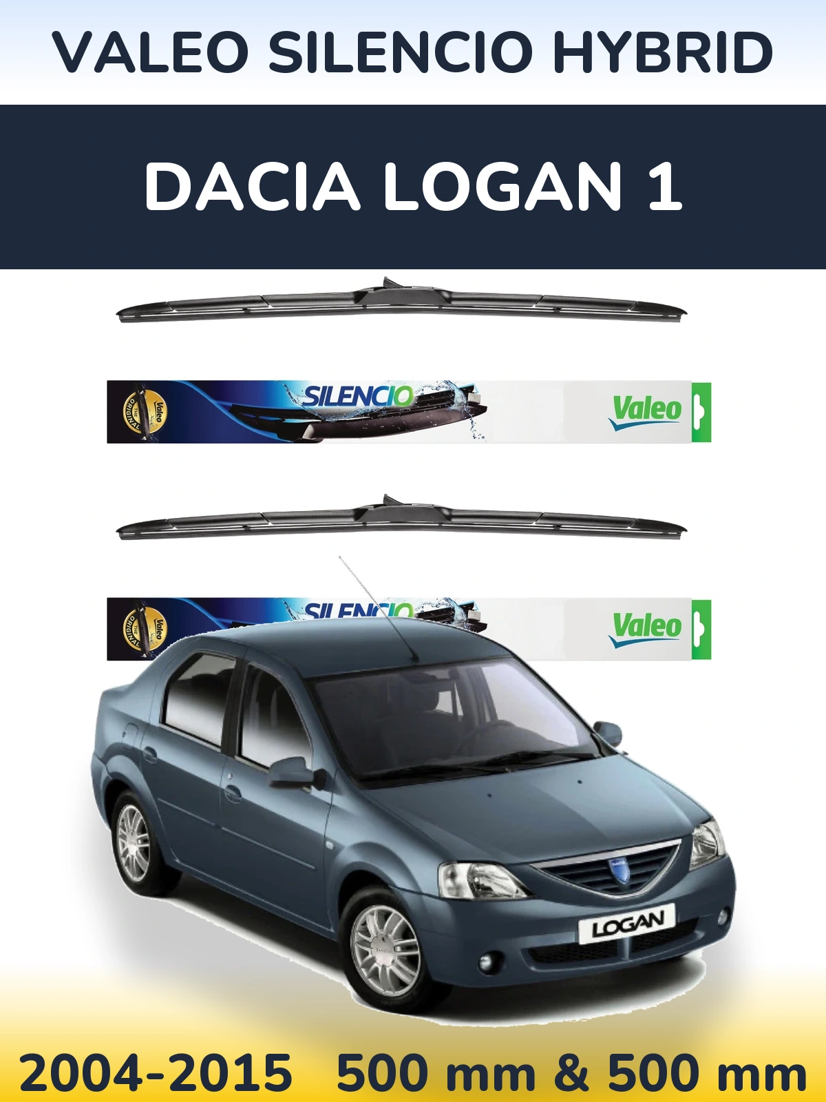 Front wiper blade set Valeo Silencio Hybrid 500 & 500 mm for Dacia Logan 1 2004-2015