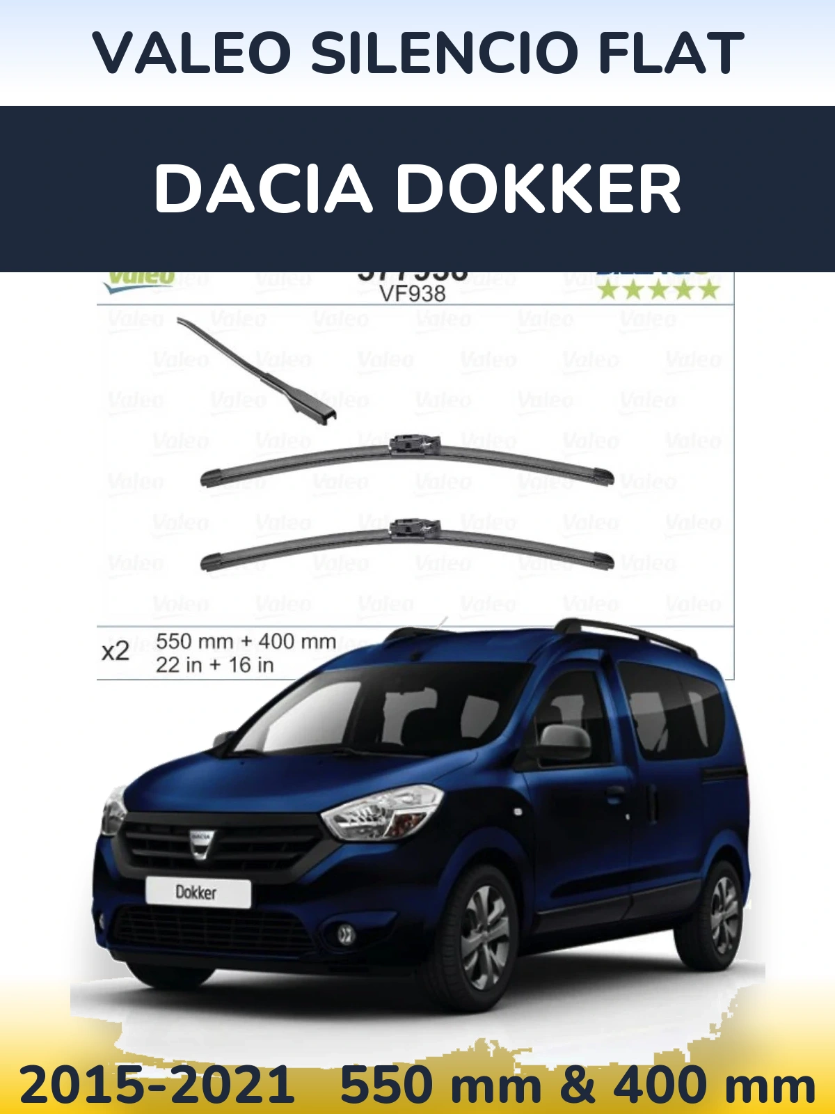 Front wiper blade set Valeo Silencio Flat 550 & 400 mm for Dacia Dokker 2015-2021