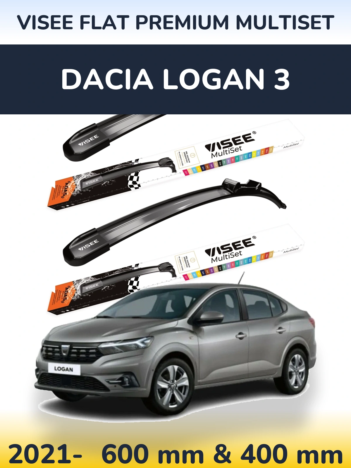 Komplet przednich wycieraczek VISEE FLAT PREMIUM MultiSet 600 & 400 mm do Dacia Logan 3 2021-2026