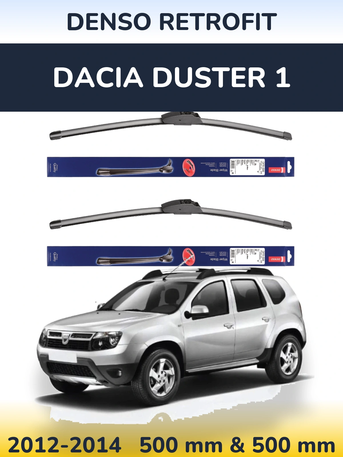 Front wiper blade set Denso Retrofit 500 & 500 mm for Dacia Duster 1 2012-2014