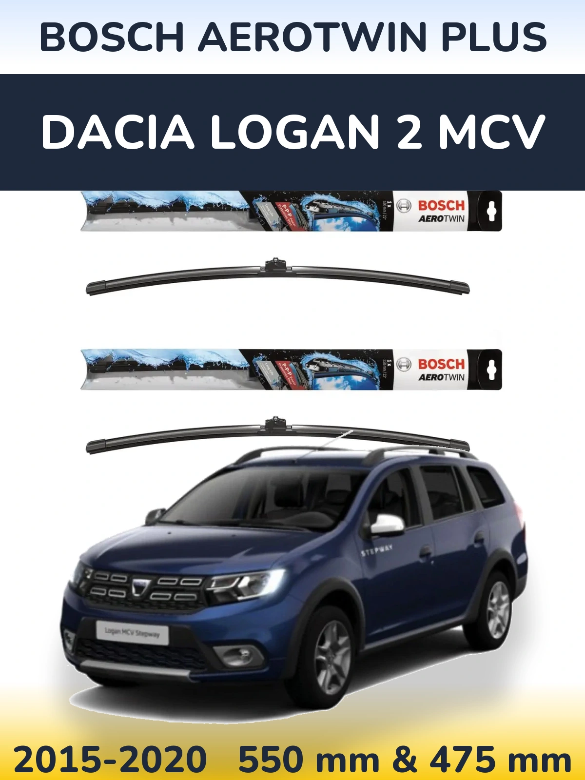 Комплект передних дворников BOSCH AeroTwin Plus 550 & 475 мм для Dacia Logan 2 MCV 2015-2020