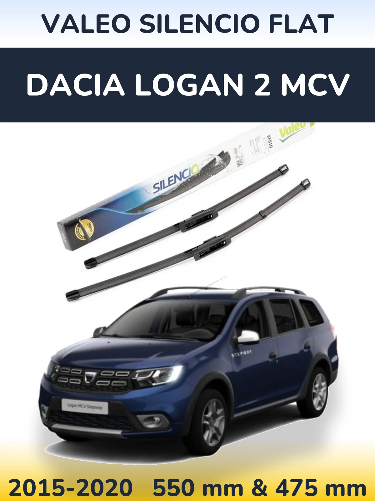 Front wiper blade set Valeo Silencio Flat 550 & 475 mm for Dacia Logan 2 MCV 2015-2020