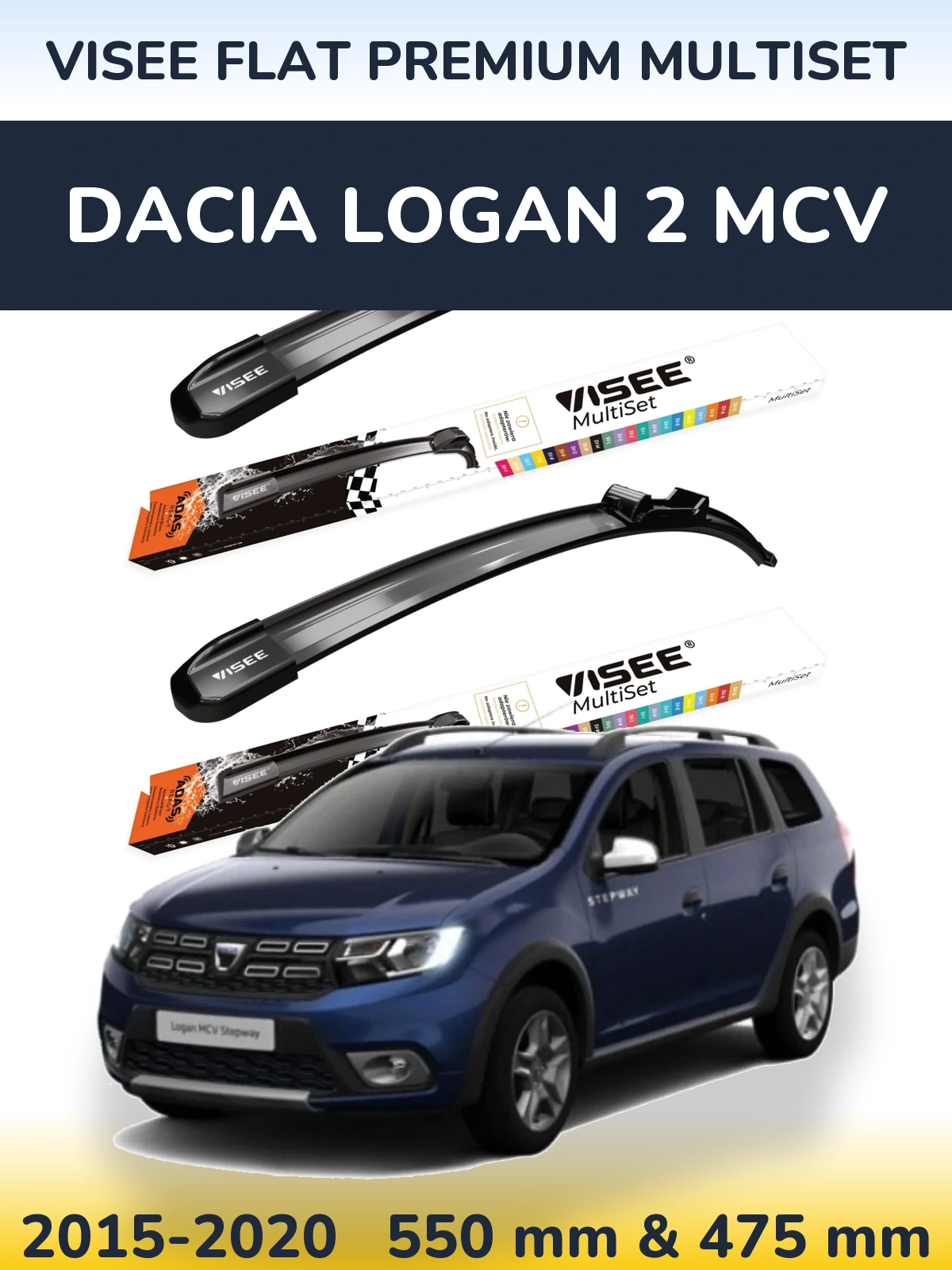 Komplet przednich wycieraczek VISEE FLAT PREMIUM MultiSet 550 & 475 mm do Dacia Logan 2 MCV 2015-2020