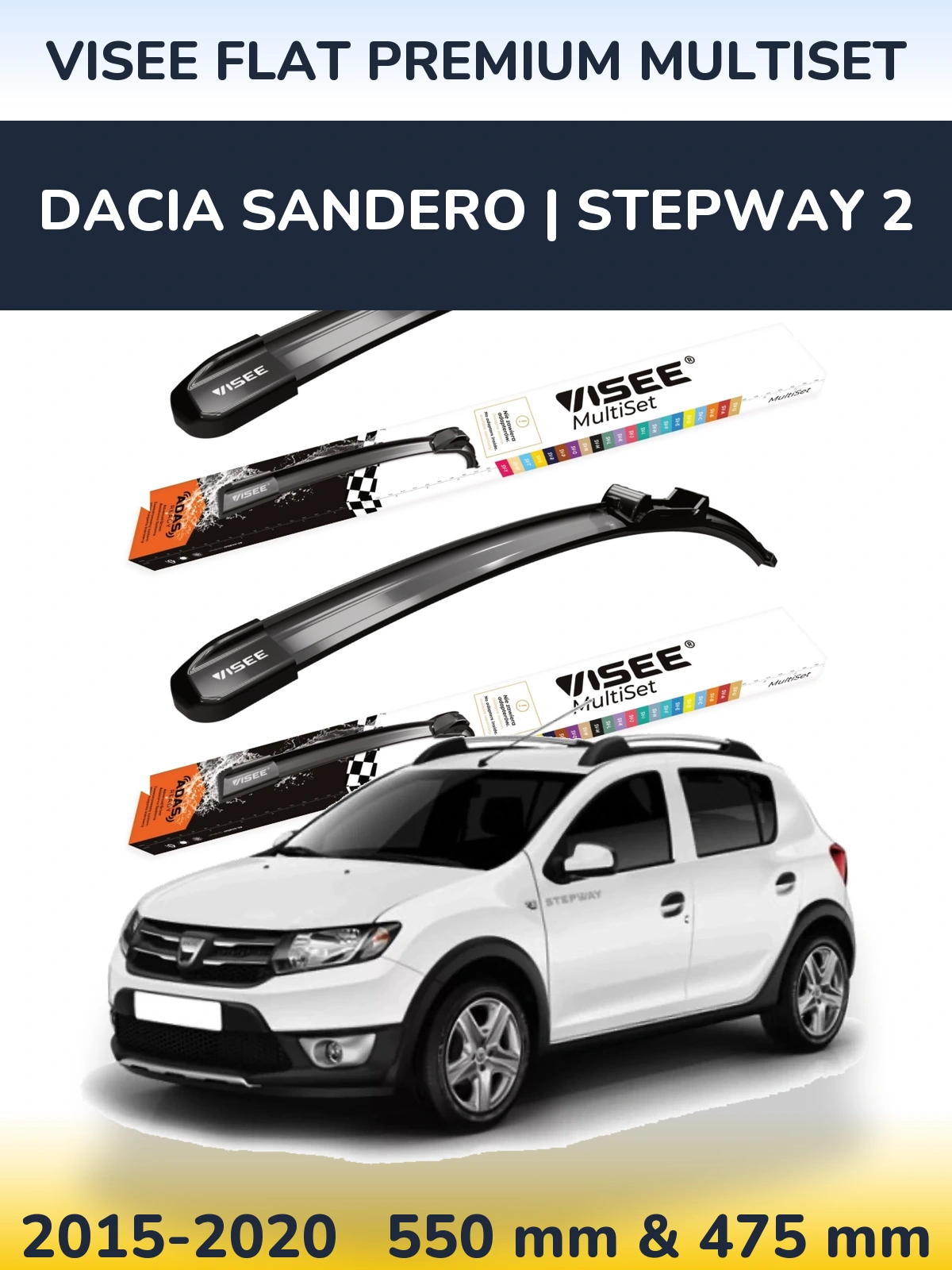 Komplet przednich wycieraczek VISEE FLAT PREMIUM MultiSet 550 & 475 mm do Dacia Sandero | Stepway 2 2015-2020