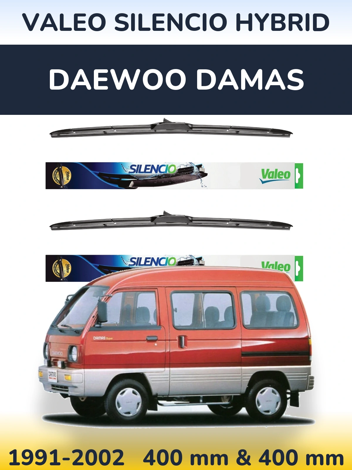 Komplet przednich wycieraczek Valeo Silencio Hybrid 400 & 400 mm do Daewoo Damas 1991-2002
