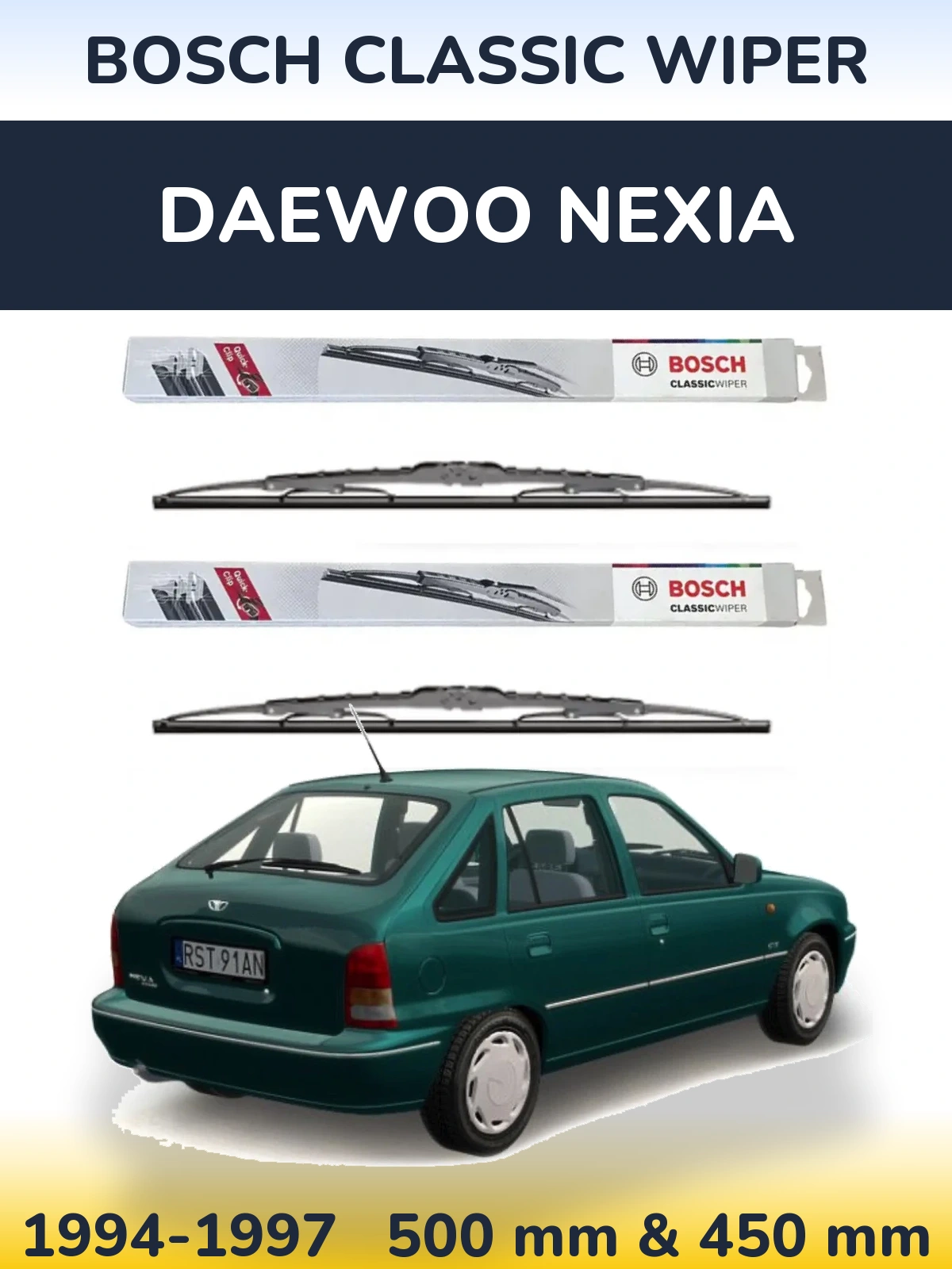Komplet przednich wycieraczek BOSCH Classic Wiper 500 & 450 mm do Daewoo Nexia 1994-1997