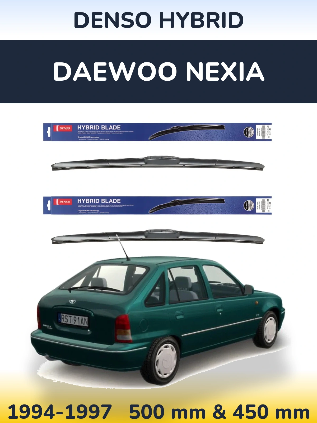 Front wiper blade set Denso Hybrid 500 & 450 mm for Daewoo Nexia 1994-1997