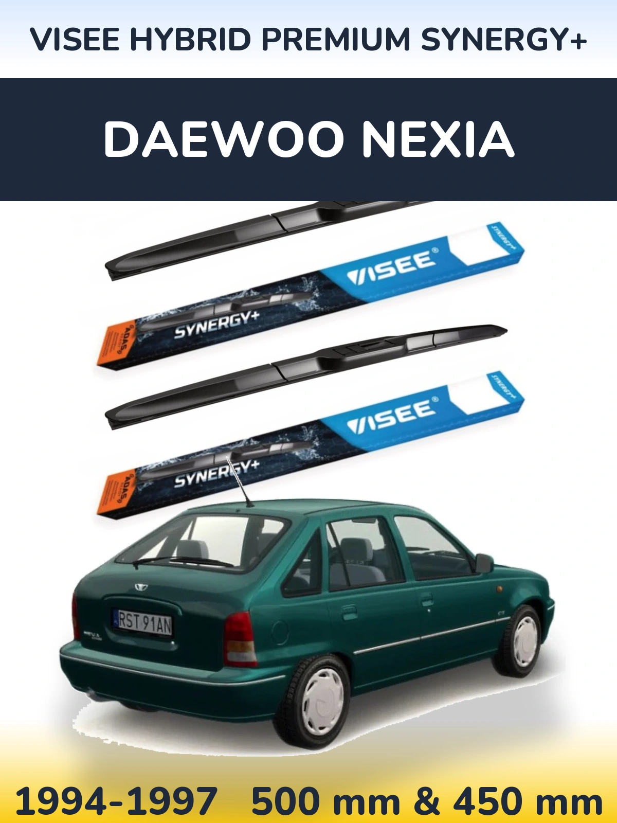 Front wiper blade set VISEE HYBRID PREMIUM SYNERGY+ 500 & 450 mm for Daewoo Nexia 1994-1997