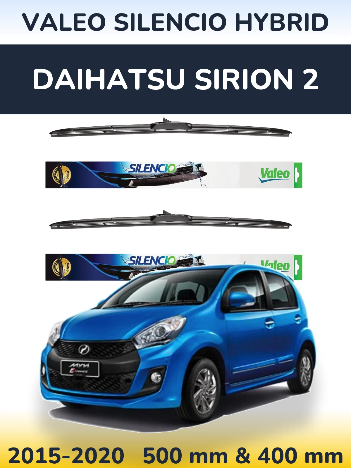 Komplet przednich wycieraczek Valeo Silencio Hybrid 500 & 400 mm do Daihatsu SIrion 2 2015-2020