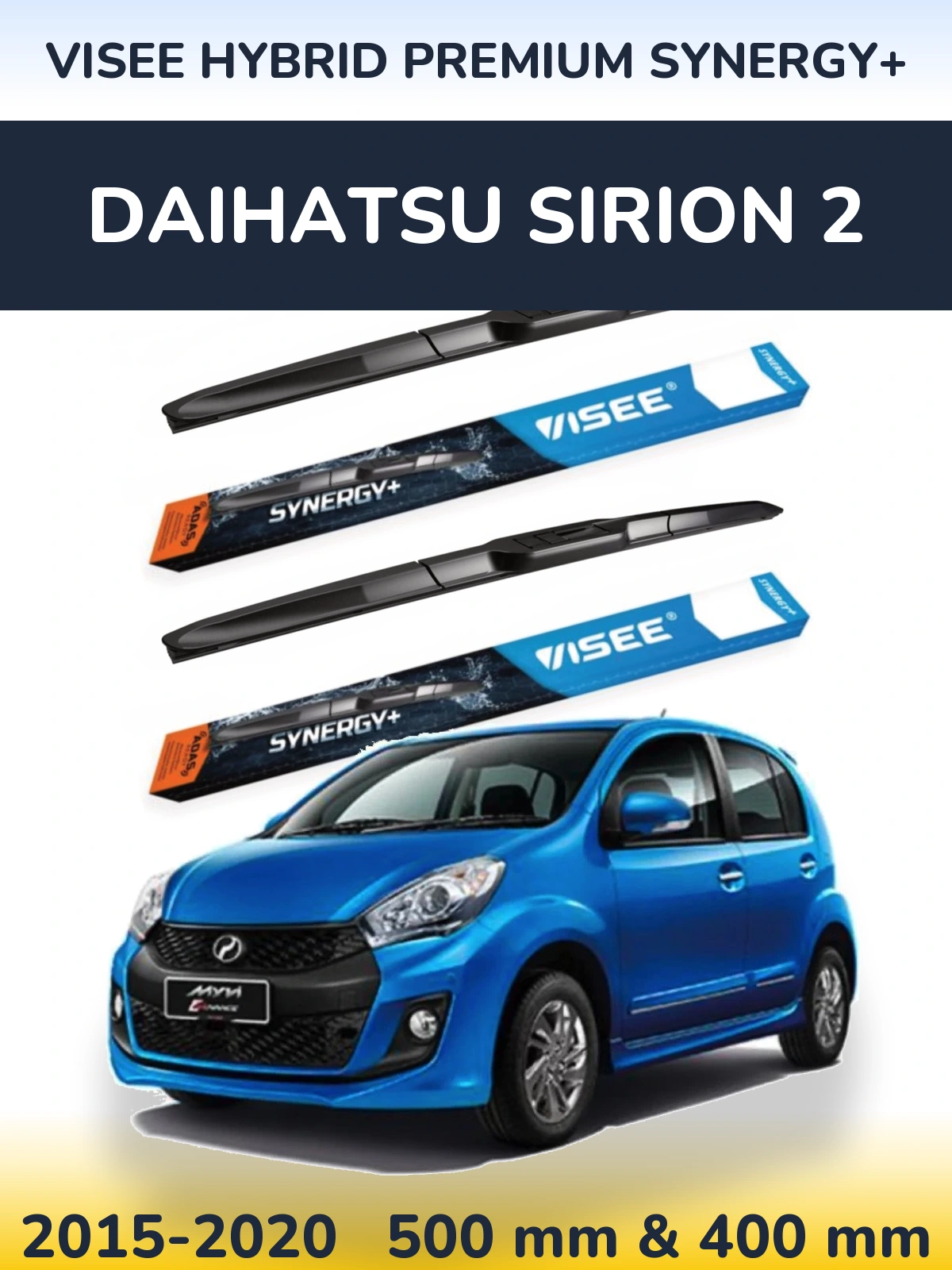 Komplet przednich wycieraczek VISEE HYBRID PREMIUM SYNERGY+ 500 & 400 mm do Daihatsu SIrion 2 2015-2020