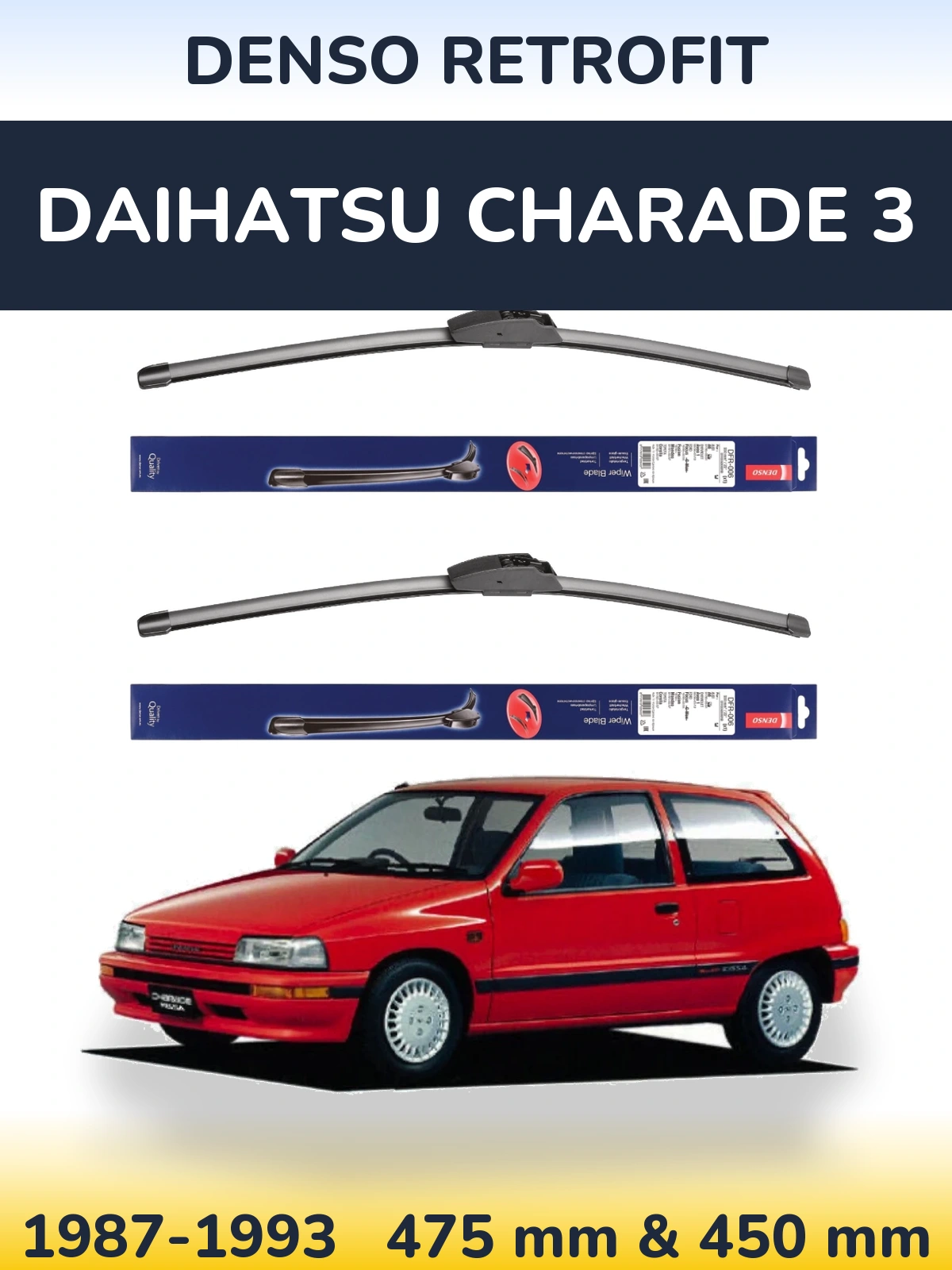 Front wiper blade set Denso Retrofit 475 & 450 mm for Daihatsu Charade 3 1987-1993