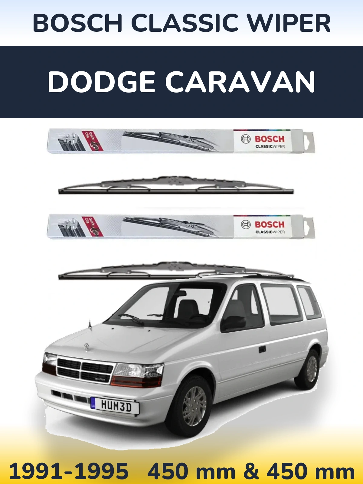 Front wiper blade set BOSCH Classic Wiper 450 & 450 mm for Dodge Caravan 1991-1995