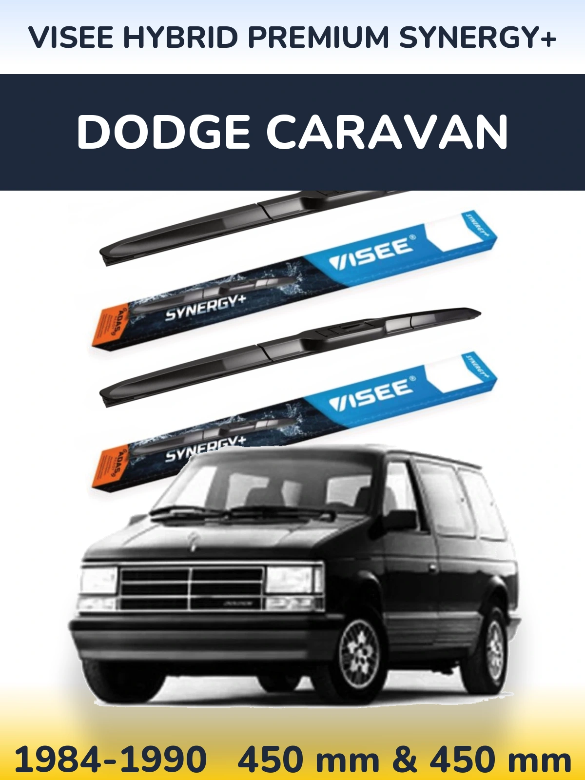 Front wiper blade set VISEE HYBRID PREMIUM SYNERGY+ 450 & 450 mm for Dodge Caravan 1984-1990