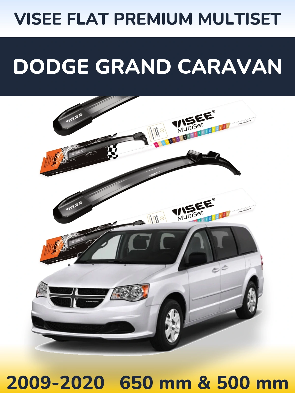 Front wiper blade set VISEE FLAT PREMIUM MultiSet 650 & 500 mm for Dodge Grand Caravan 2009-2020