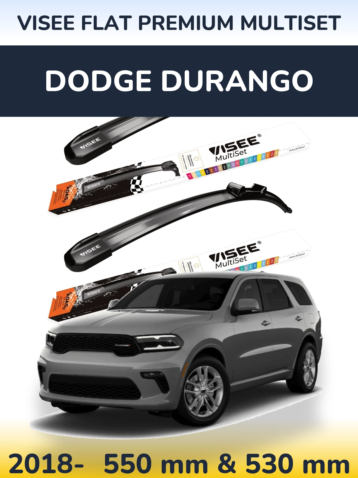 Комплект передніх щіток VISEE FLAT PREMIUM MultiSet 550 & 530 мм для Dodge Durango 2018-2026