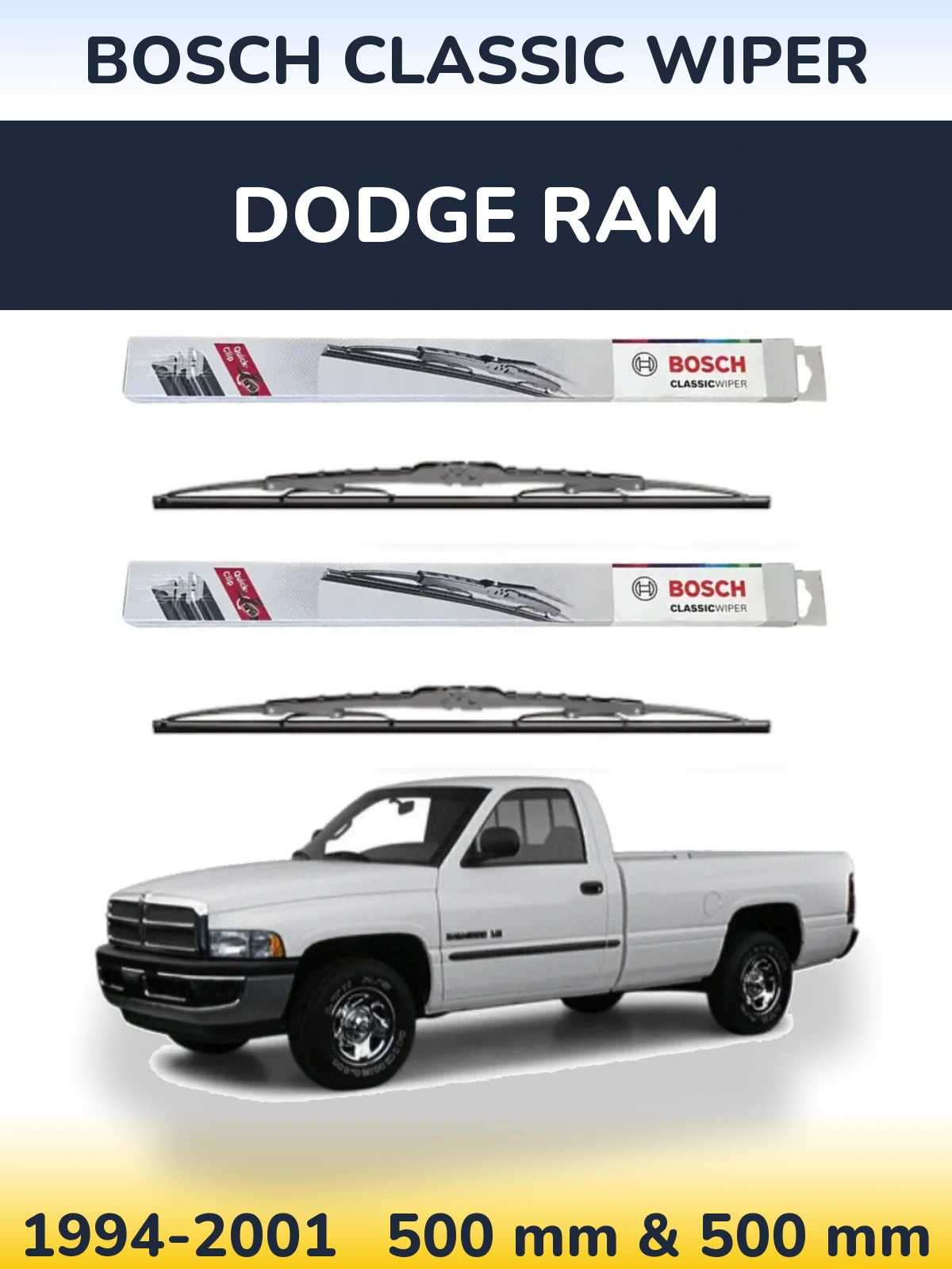 Front wiper blade set BOSCH Classic Wiper 500 & 500 mm for Dodge RAM 1994-2001