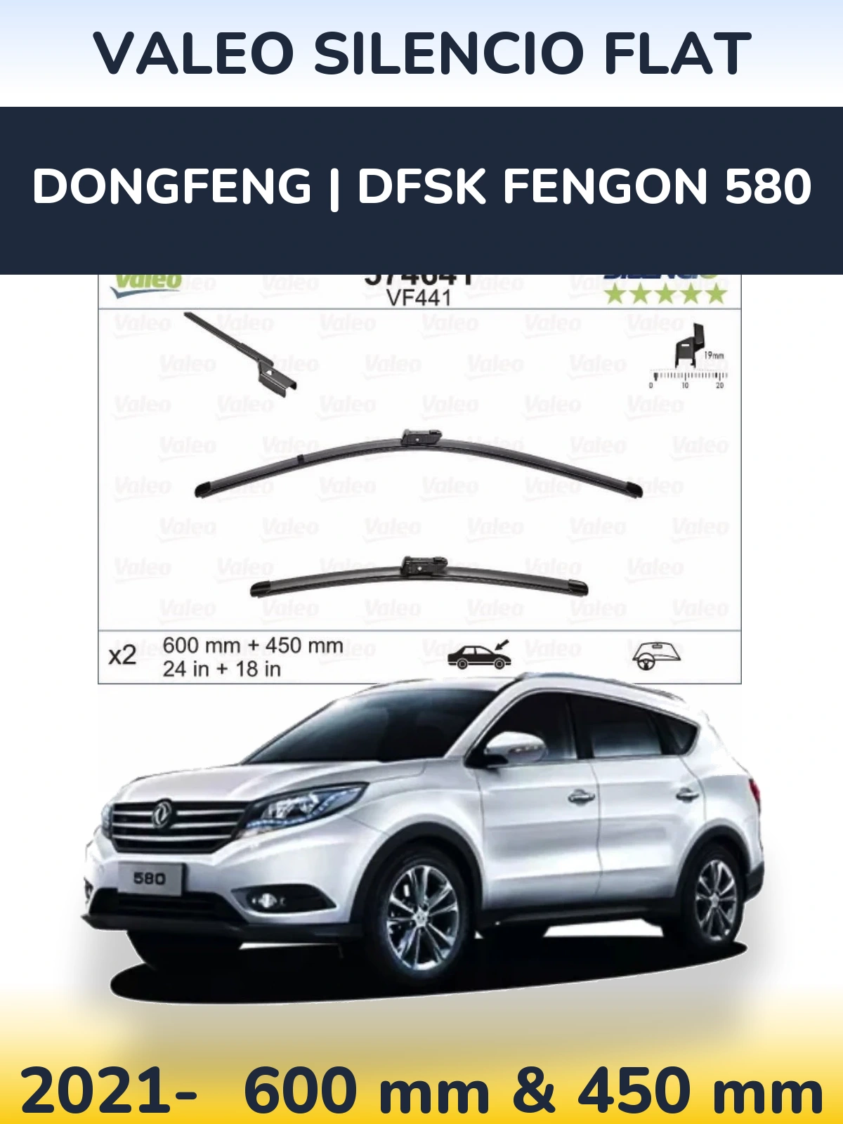 Front wiper blade set Valeo Silencio Flat 600 & 450 mm for DongFeng | DFSK Fengon 580 2021-2026