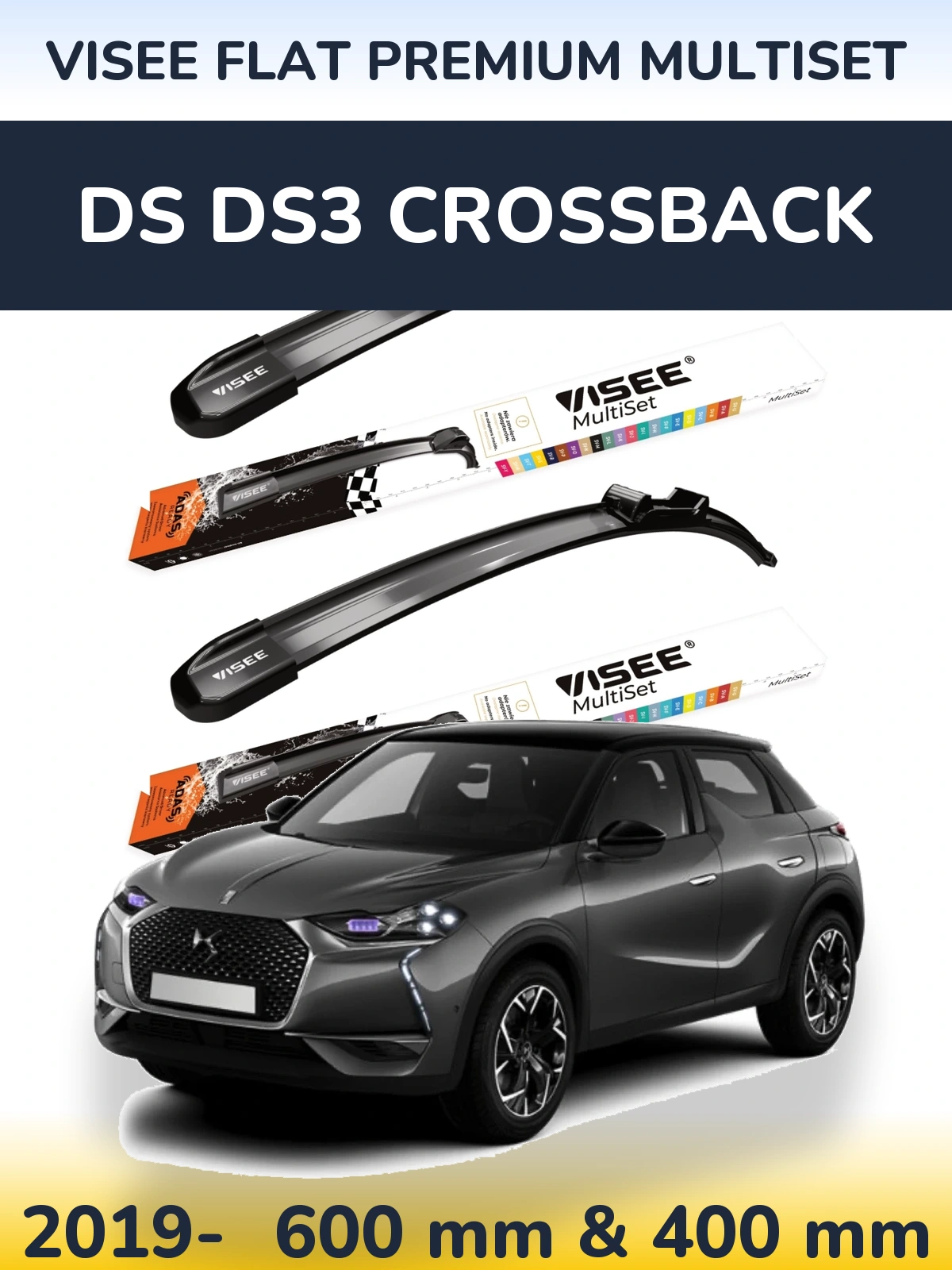 Komplet przednich wycieraczek VISEE FLAT PREMIUM MultiSet 600 & 400 mm do DS DS3 Crossback 2019-2026