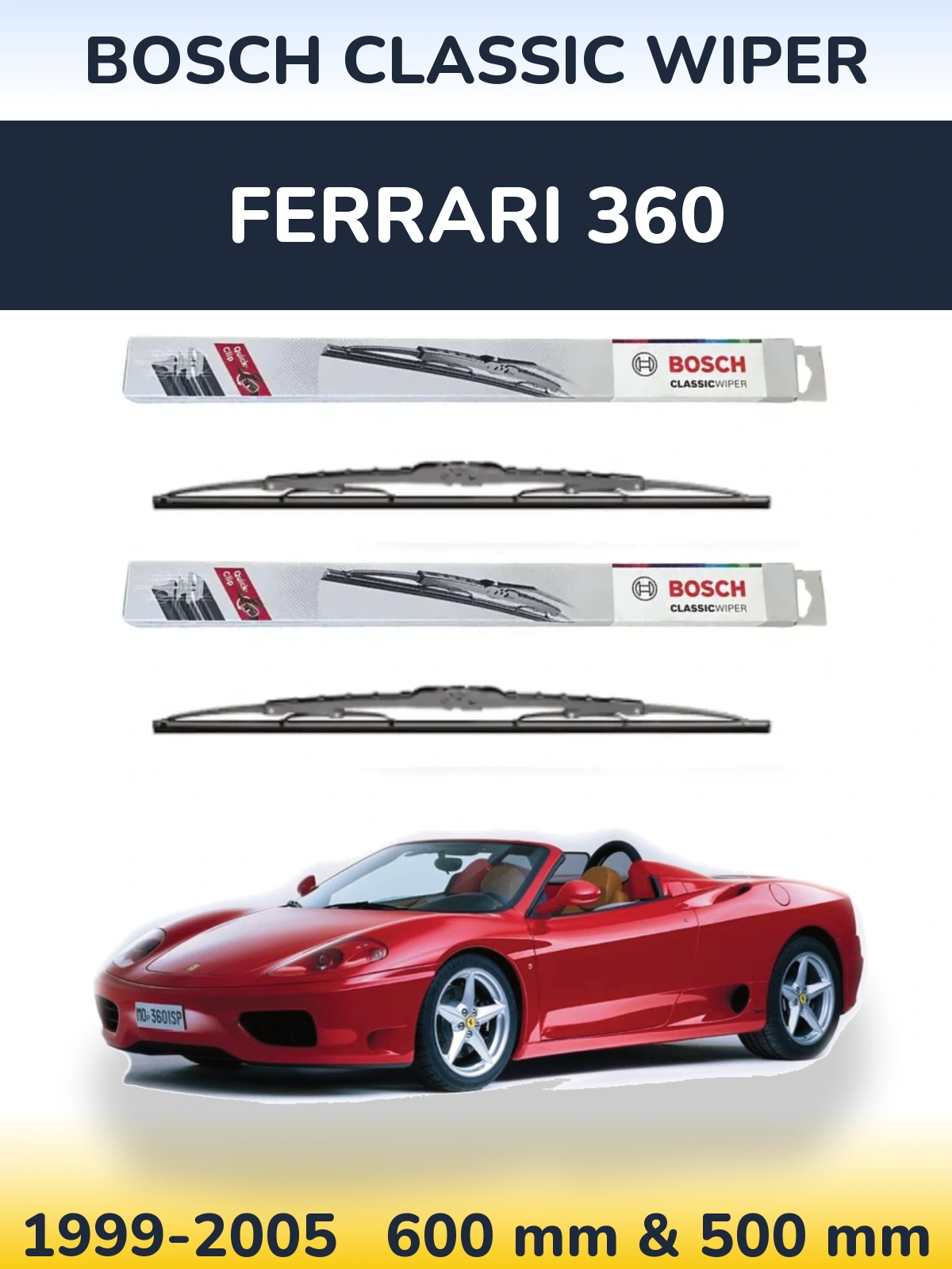 Komplet przednich wycieraczek BOSCH Classic Wiper 600 & 500 mm do Ferrari 360 1999-2005