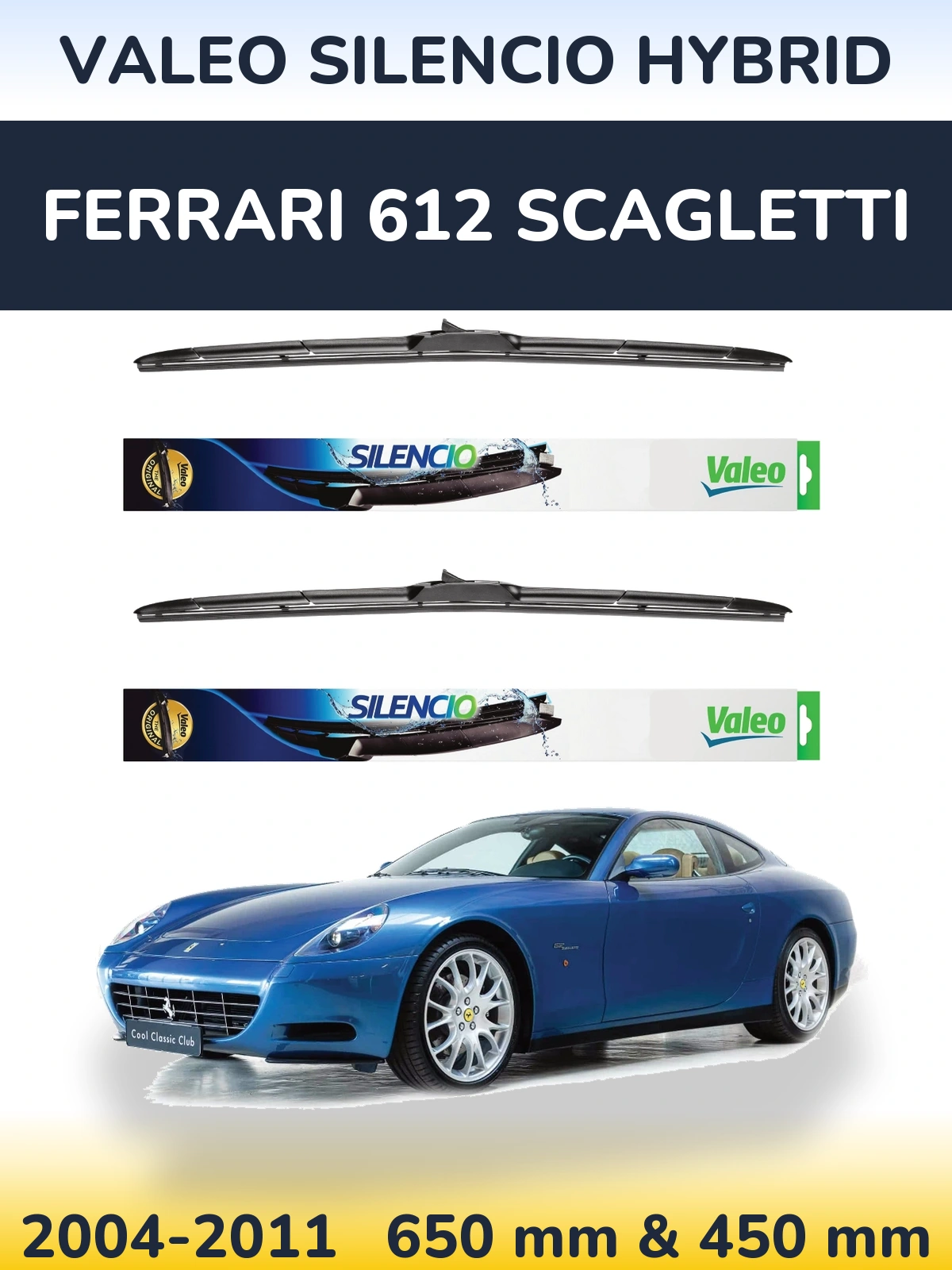 Komplet przednich wycieraczek Valeo Silencio Hybrid 650 & 450 mm do Ferrari 612 Scagletti 2004-2011
