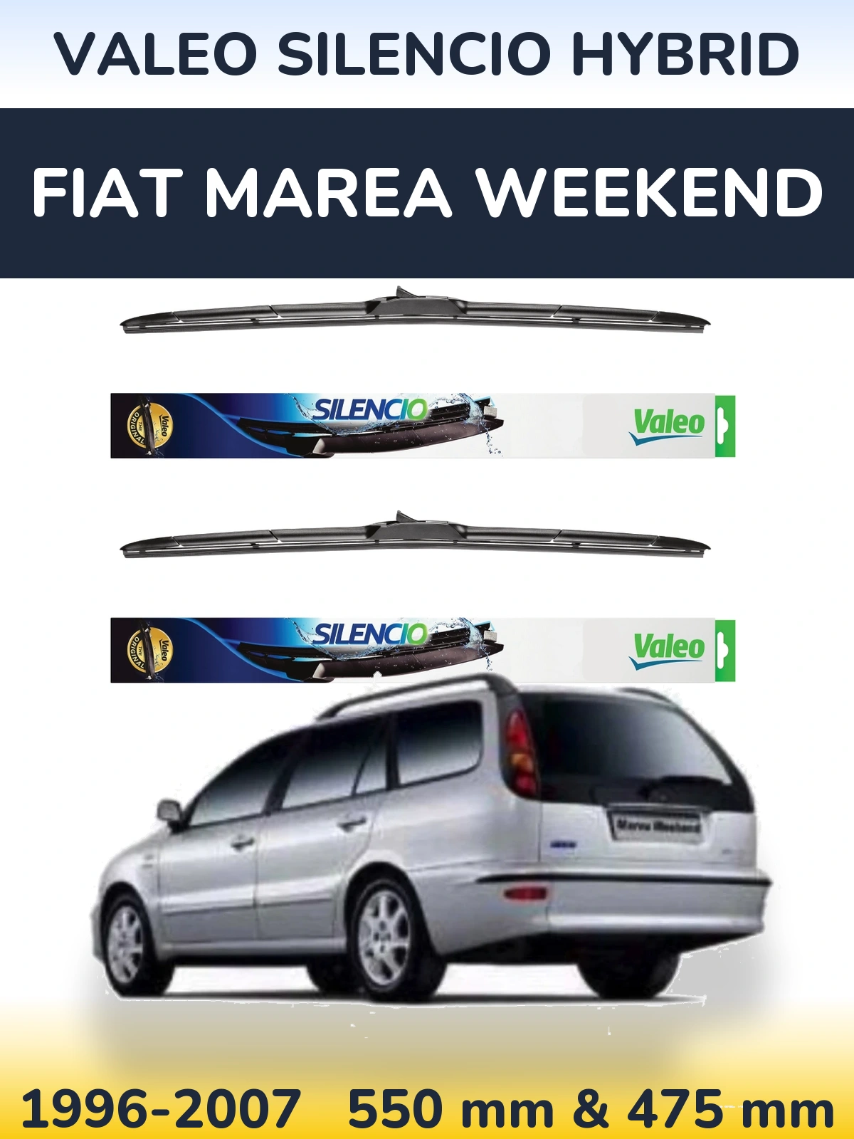 Front wiper blade set Valeo Silencio Hybrid 550 & 475 mm for Fiat Marea Weekend 1996-2007