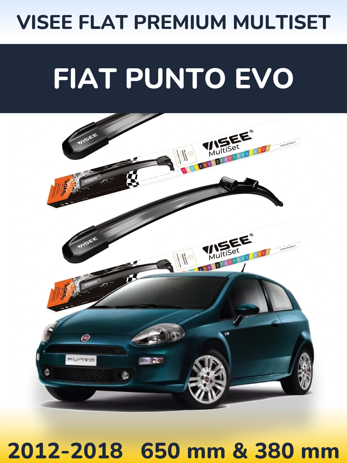 Komplet przednich wycieraczek VISEE FLAT PREMIUM MultiSet 650 & 380 mm do Fiat Punto Evo 2012-2018