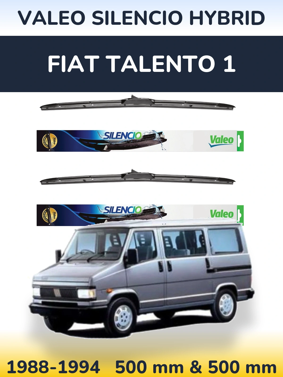Front wiper blade set Valeo Silencio Hybrid 500 & 500 mm for Fiat Talento 1 1988-1994