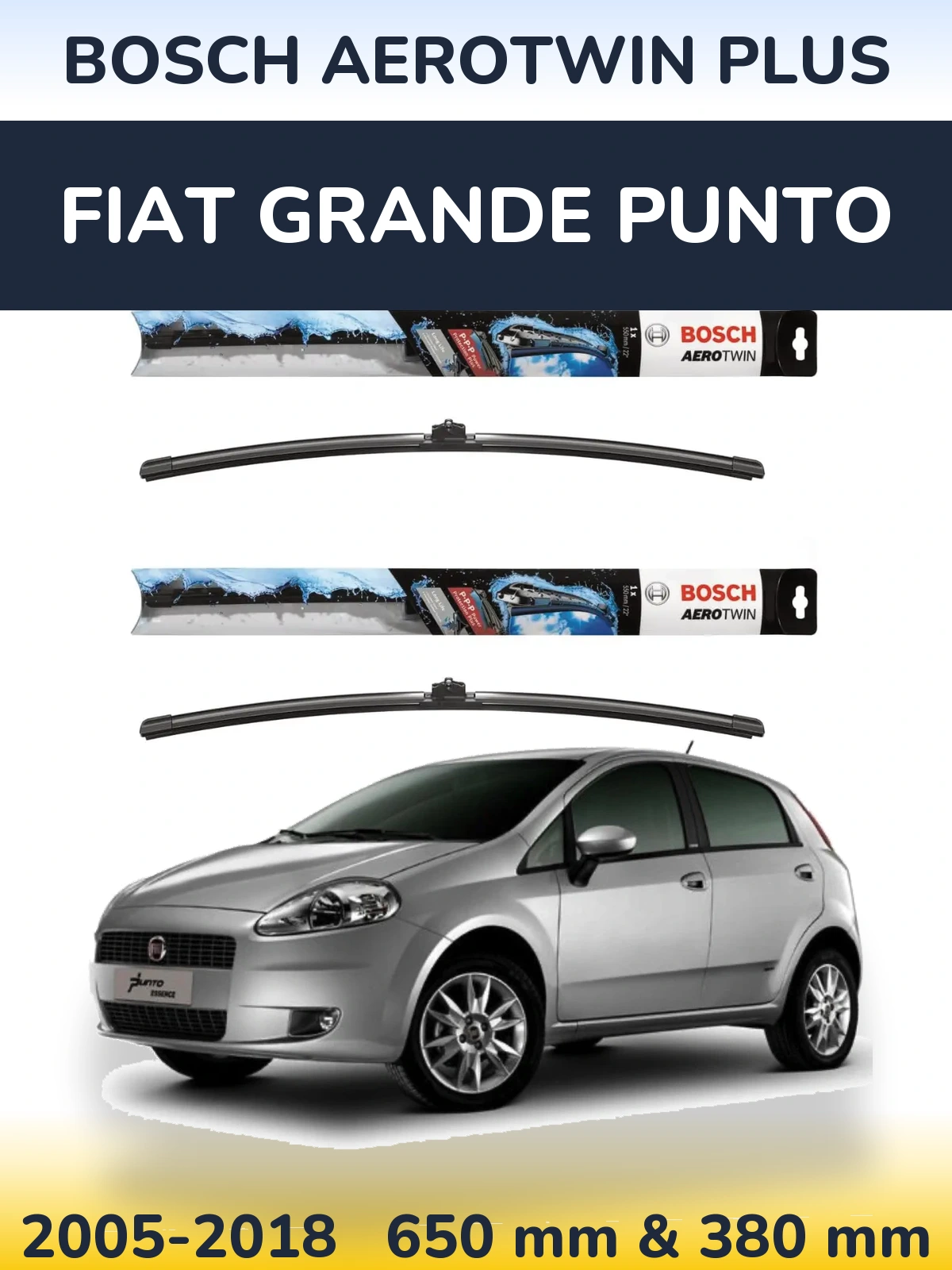 Комплект передних дворников BOSCH AeroTwin Plus 650 & 380 мм для Fiat Grande Punto 2005-2018