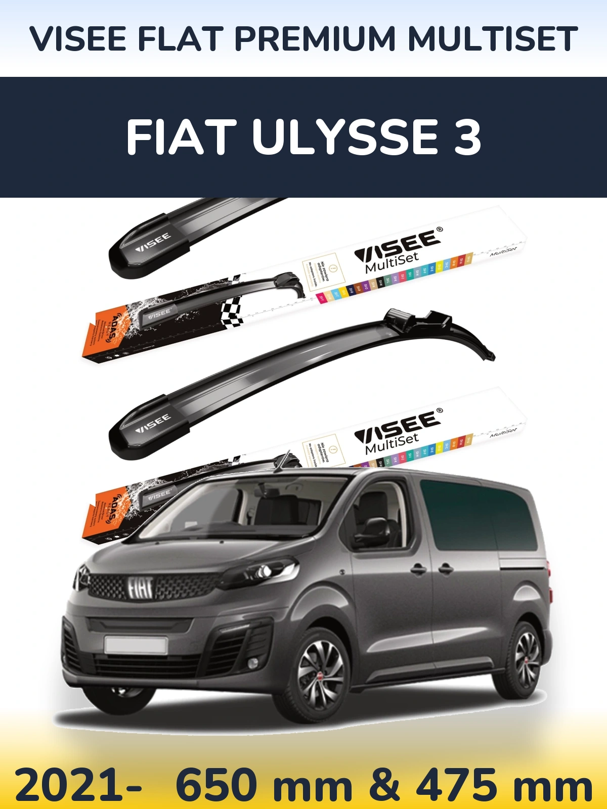 Комплект передних дворников VISEE FLAT PREMIUM MultiSet 650 & 475 мм для Fiat Ulysse 3 2021-2026
