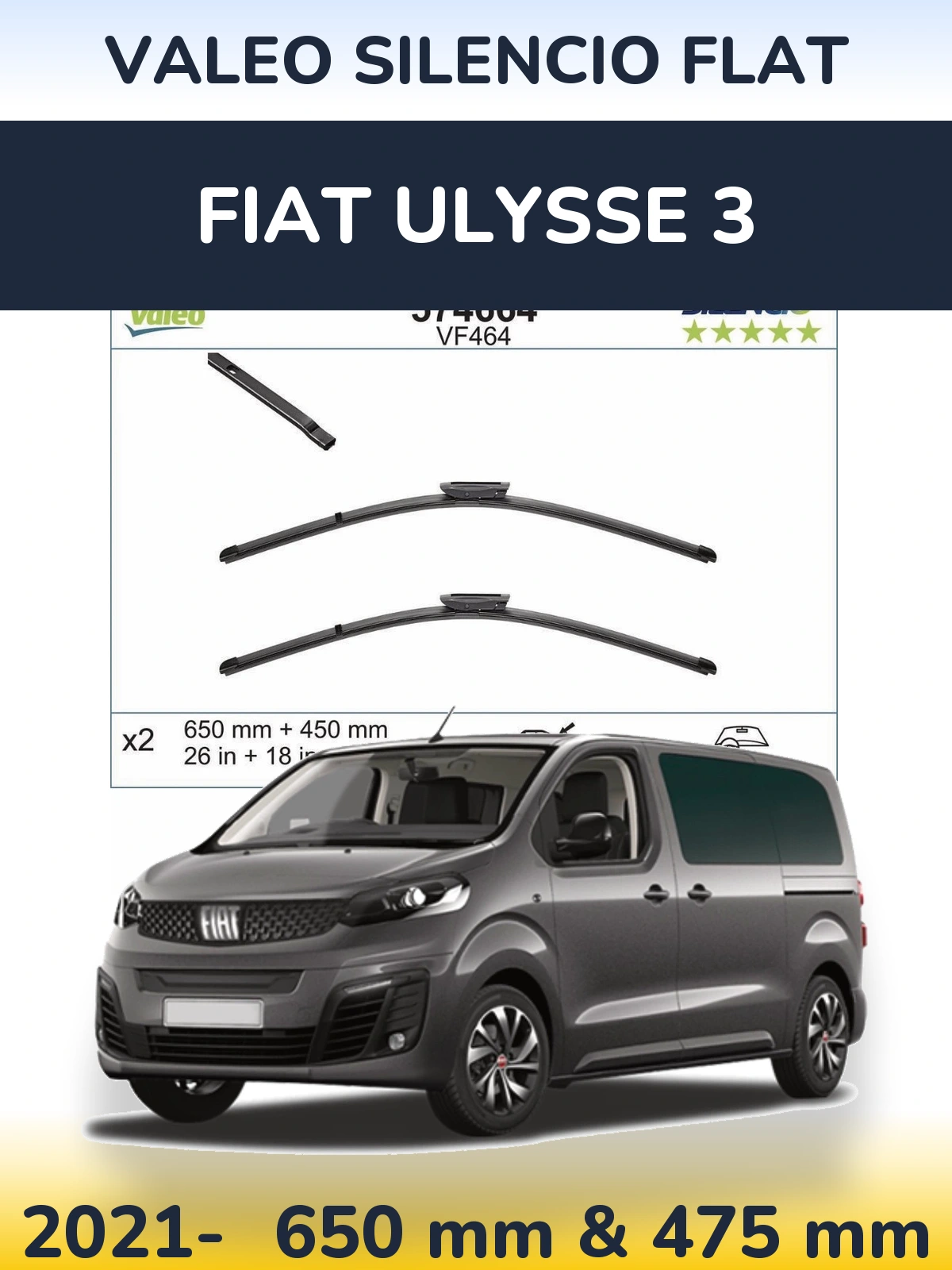 Komplet przednich wycieraczek Valeo Silencio Flat 650 & 450 mm do Fiat Ulysse 3 2021-2026
