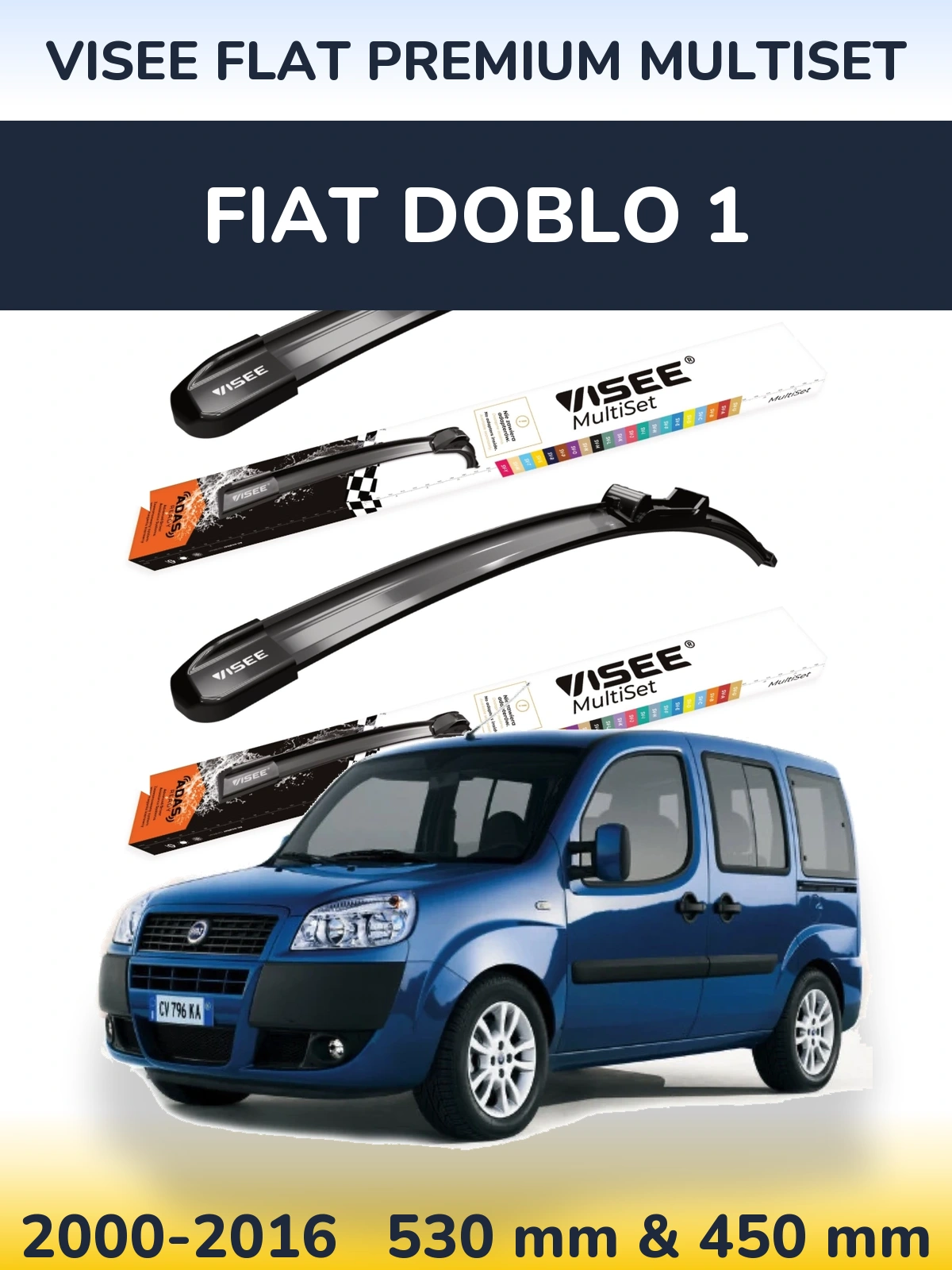 Комплект передних дворников VISEE FLAT PREMIUM MultiSet 530 & 450 мм для Fiat Doblo 1 2000-2016