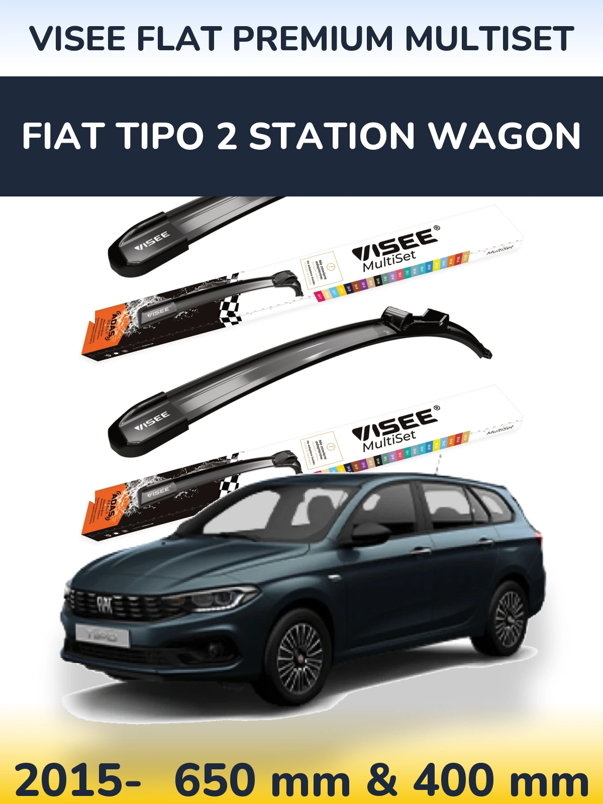 Komplet przednich wycieraczek VISEE FLAT PREMIUM MultiSet 650 & 400 mm do Fiat Tipo 2 Station Wagon 2015-2026