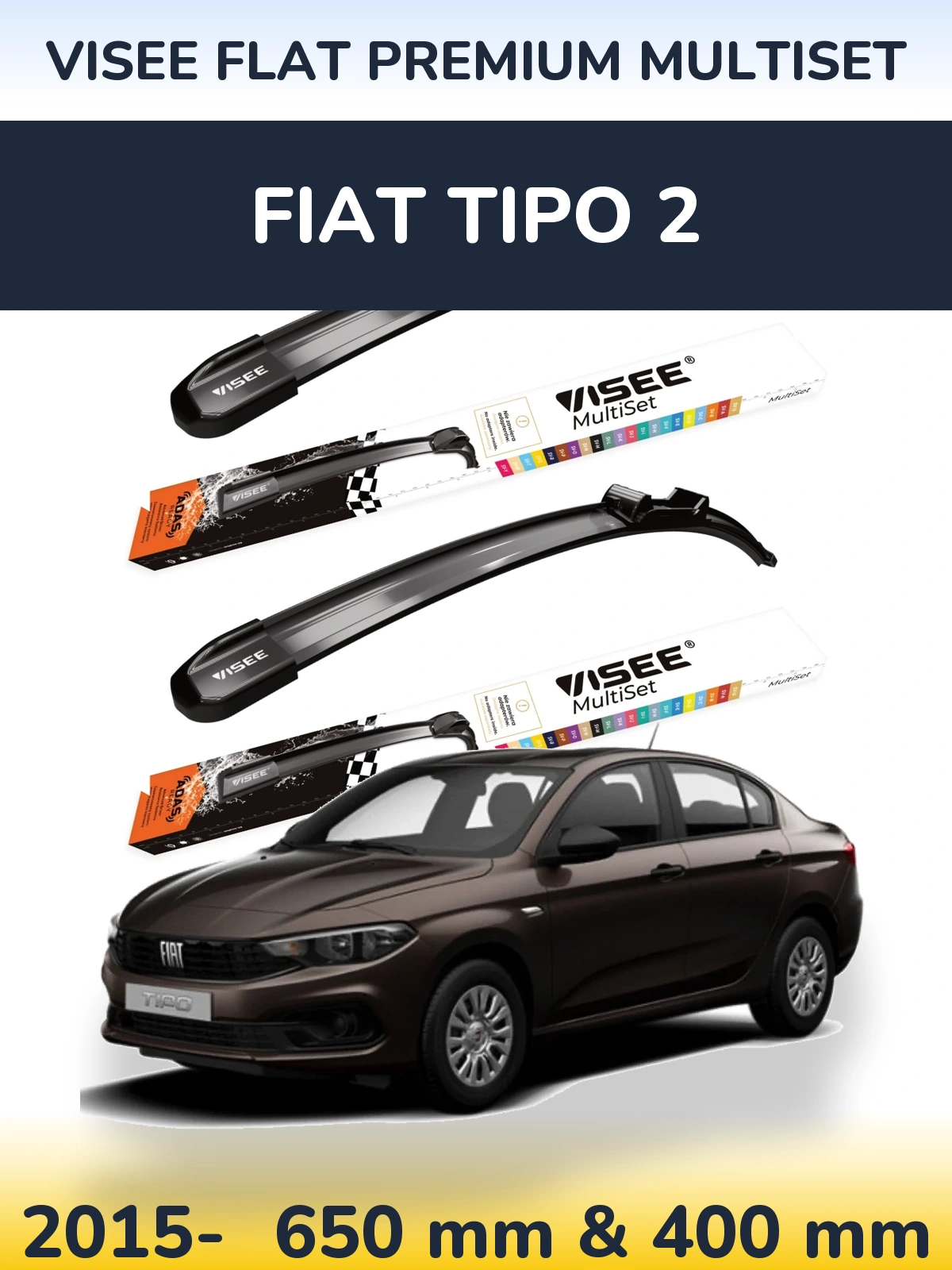 Komplet przednich wycieraczek VISEE FLAT PREMIUM MultiSet 650 & 400 mm do Fiat Tipo 2 2015-2026