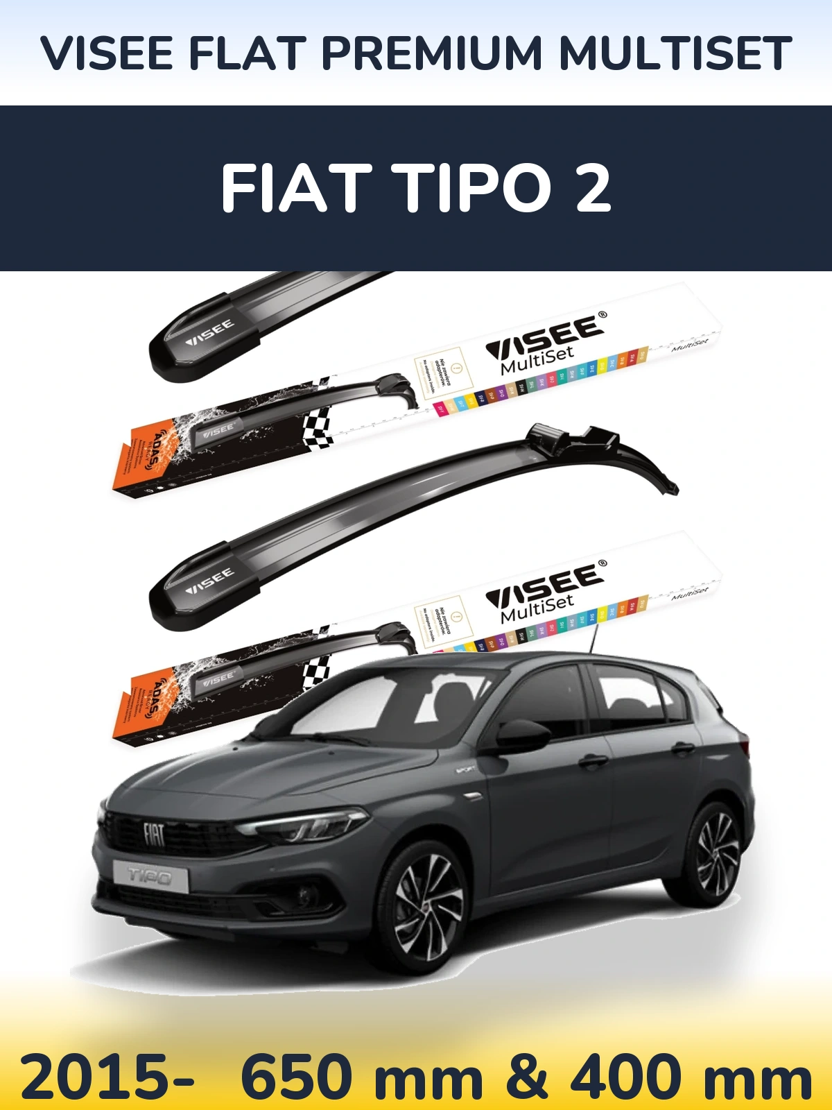 Komplet przednich wycieraczek VISEE FLAT PREMIUM MultiSet 650 & 400 mm do Fiat Tipo 2 2015-2026