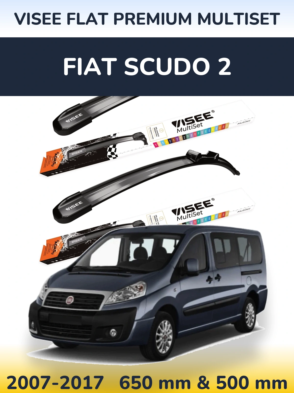 Front wiper blade set VISEE FLAT PREMIUM MultiSet 650 & 500 mm for Fiat Scudo 2 2007-2017